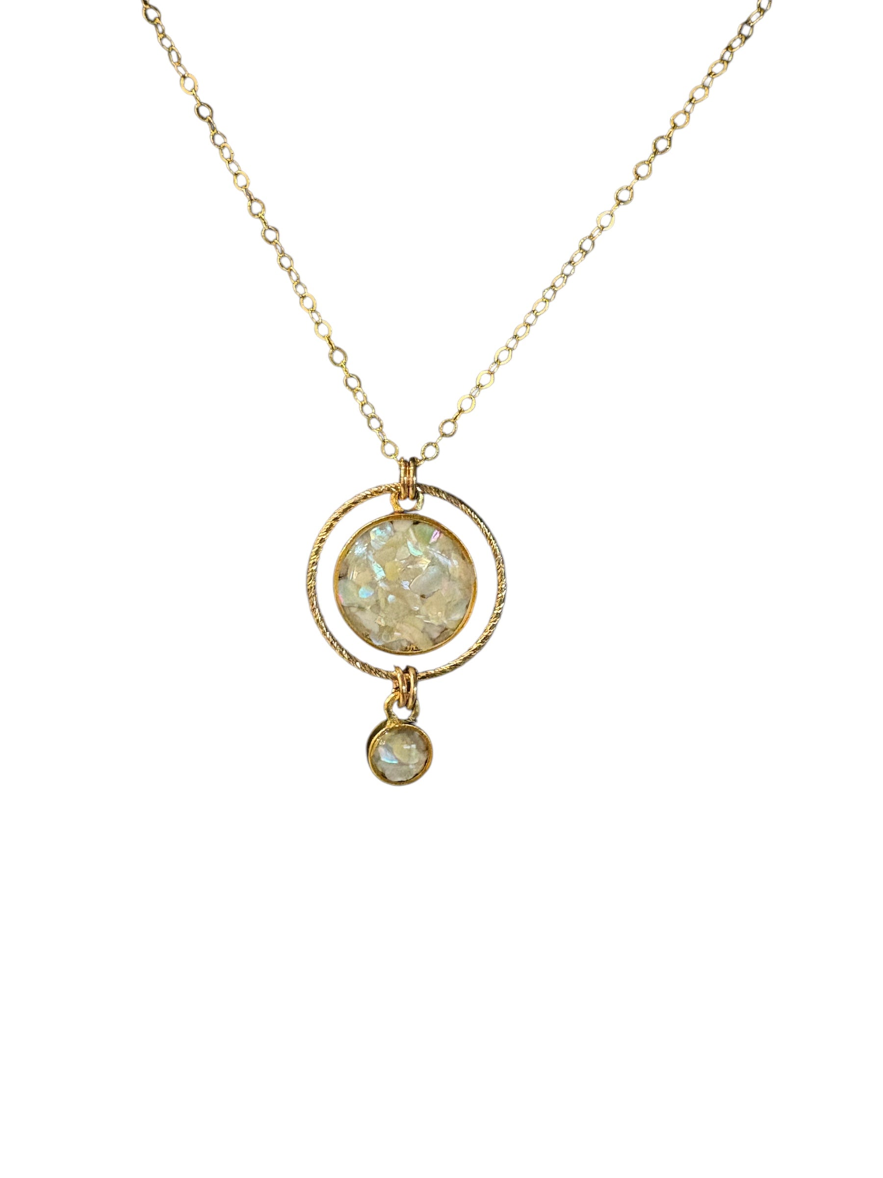 June & Simple Swing Necklace Mother of Pearl on branded display card