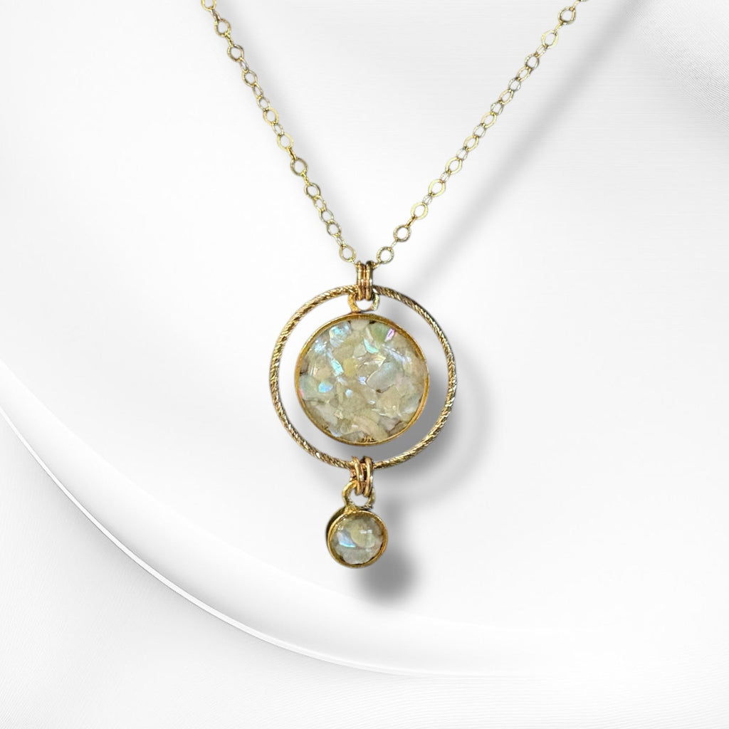 June & Simple Swing Necklace in Mother of Pearl — iridescent pendants on gold filled chain, handmade