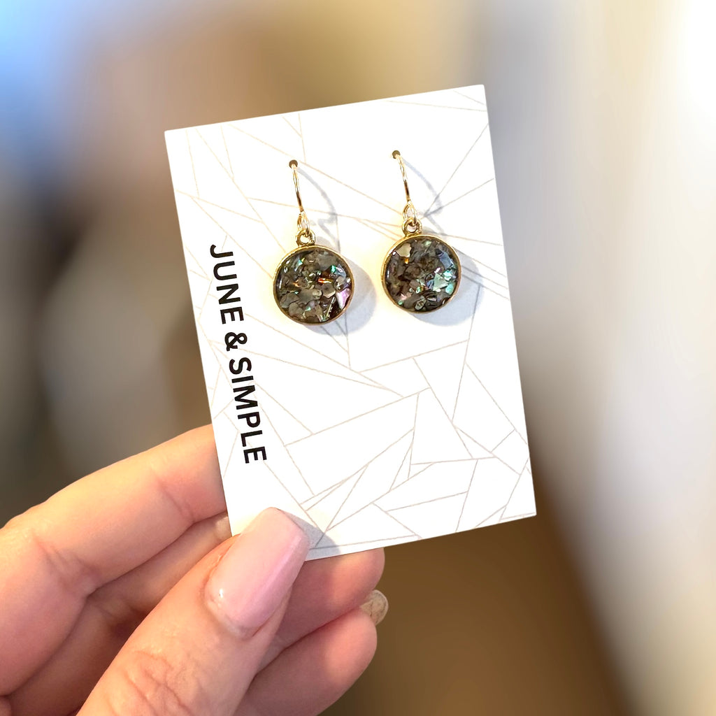 June & Simple Abalone Circle Earrings M Size — pair flat lay on white background
