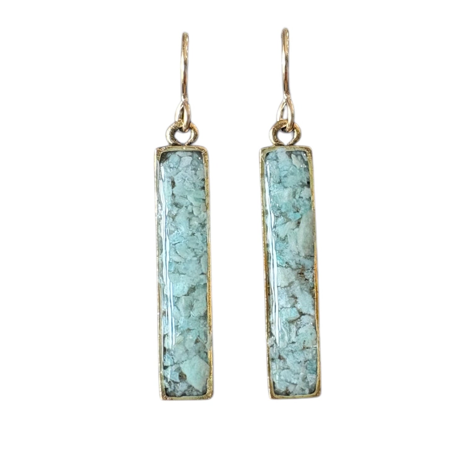 Amazonite bar earrings with gold accents on a white background