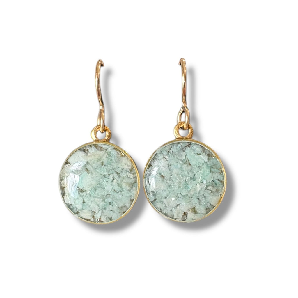June & Simple Amazonite Circle Drop Earrings — large circle pendant in crushed amazonite, gold filled ear wire