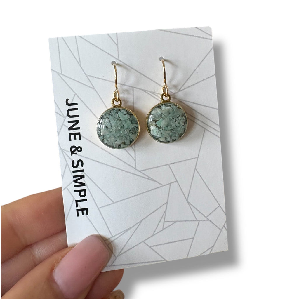 June & Simple Amazonite Circle Drop Earrings — close-up of soft blue-green amazonite circle pendant