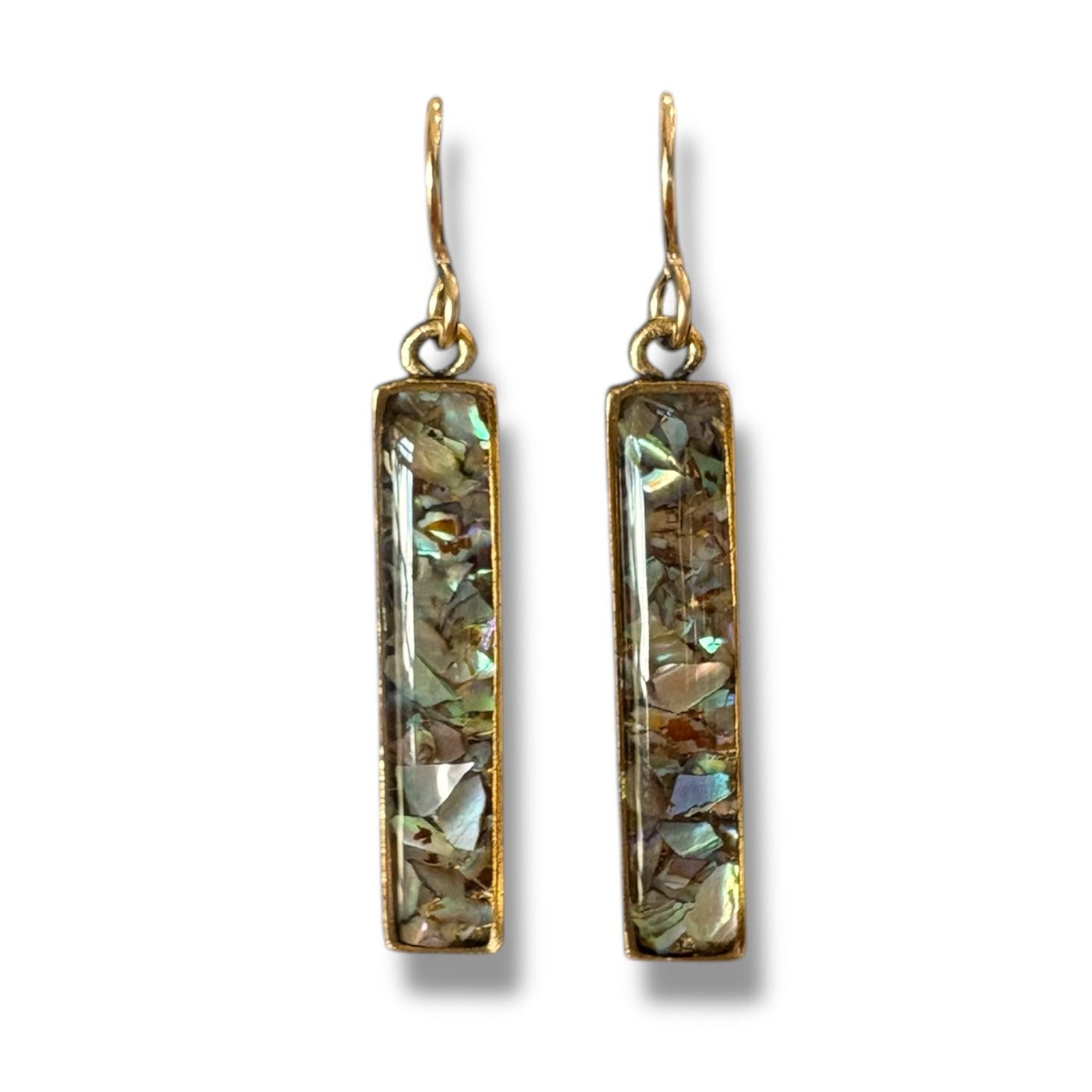 Pair of gold earrings with rectangular abalone gemstones on a white background