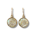 June & Simple Mother of Pearl Circle Drop Earrings — large circle pendant in crushed mother of pearl, gold filled ear wire