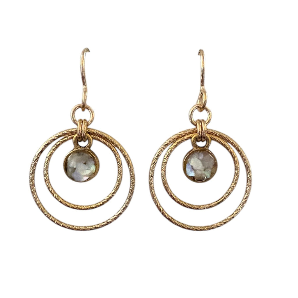 June & Simple Double Hoops Mother of Pearl Earrings — iridescent shell double hoop design in gold filled setting, handmade