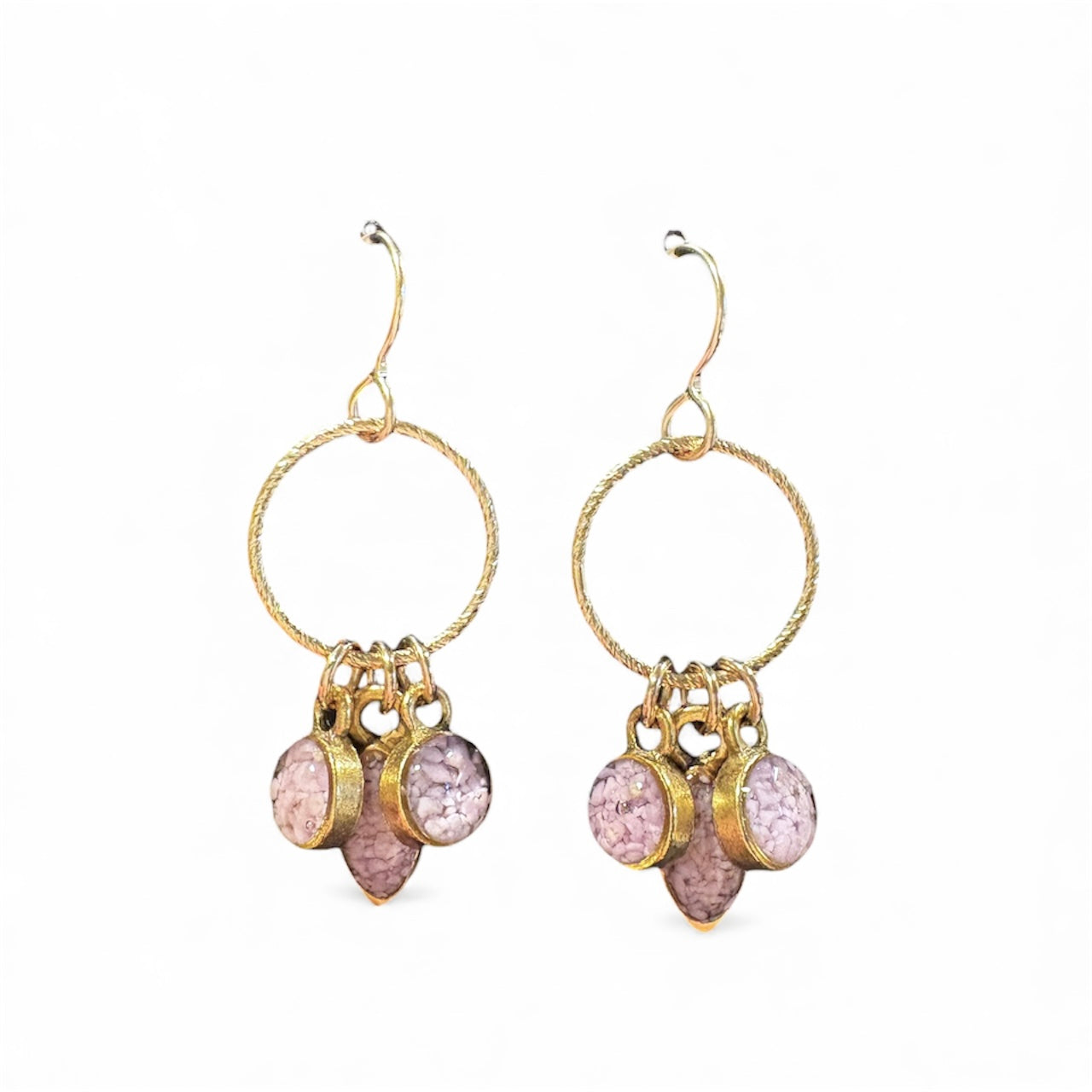 June & Simple Phosphosiderite Ring Charm Earrings — gold filled hoop with circle, oval, and marquise charms in crushed phosphosiderite