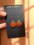 June & Simple Red Jasper Circle Drop Earrings — crushed red jasper set in resin circle, gold filled ear wire