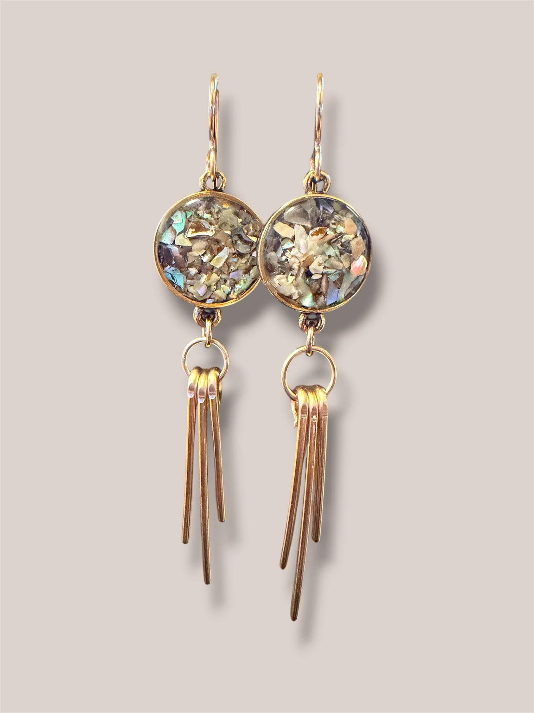 Abalone Ray Earrings - crushed abalone shell in a gold circle with gold-filled ray dangles, handmade by June & Simple