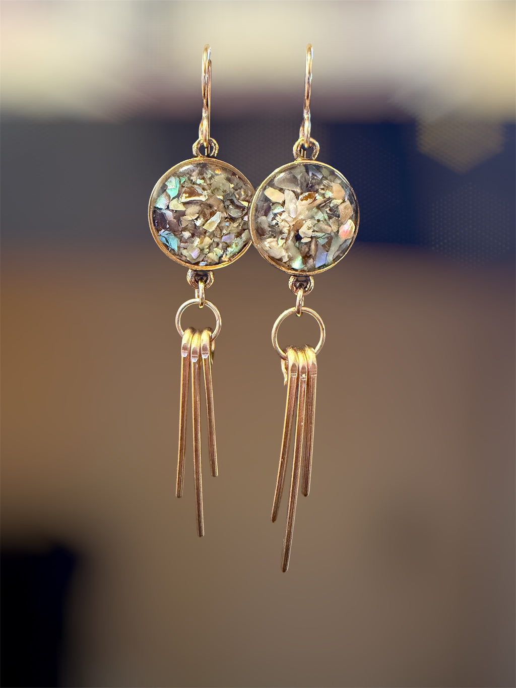 Abalone Ray Earrings - gold-filled ray earrings with crushed abalone shell, handmade by June & Simple