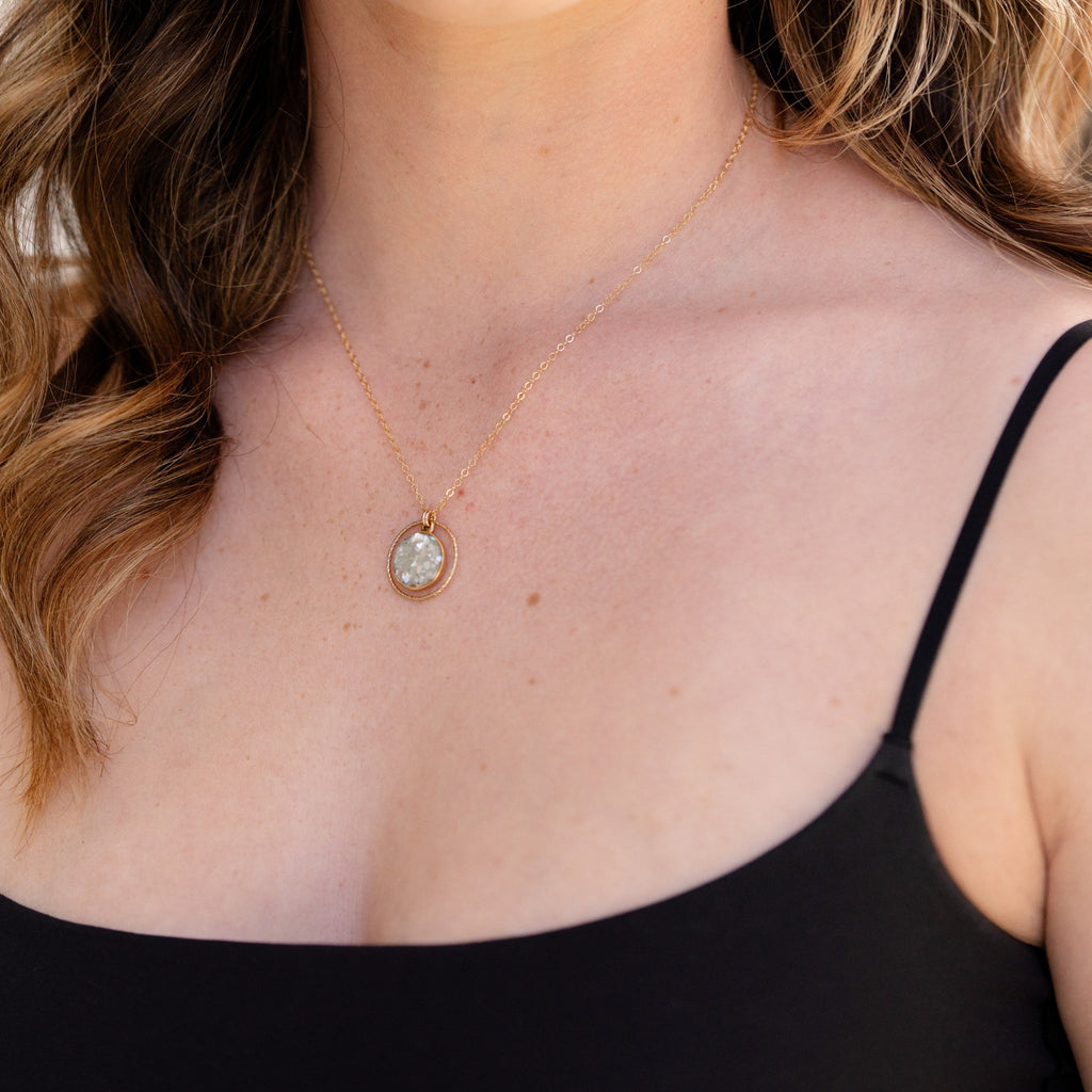 June & Simple Circle of Love Necklace — styled on a model