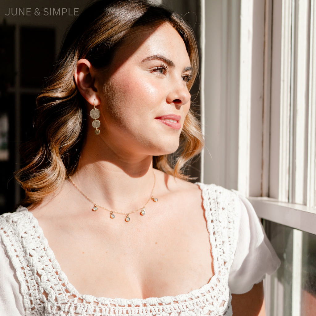 June & Simple Five Mini Gems Mother of Pearl Necklace — five iridescent shell pendants on gold filled chain