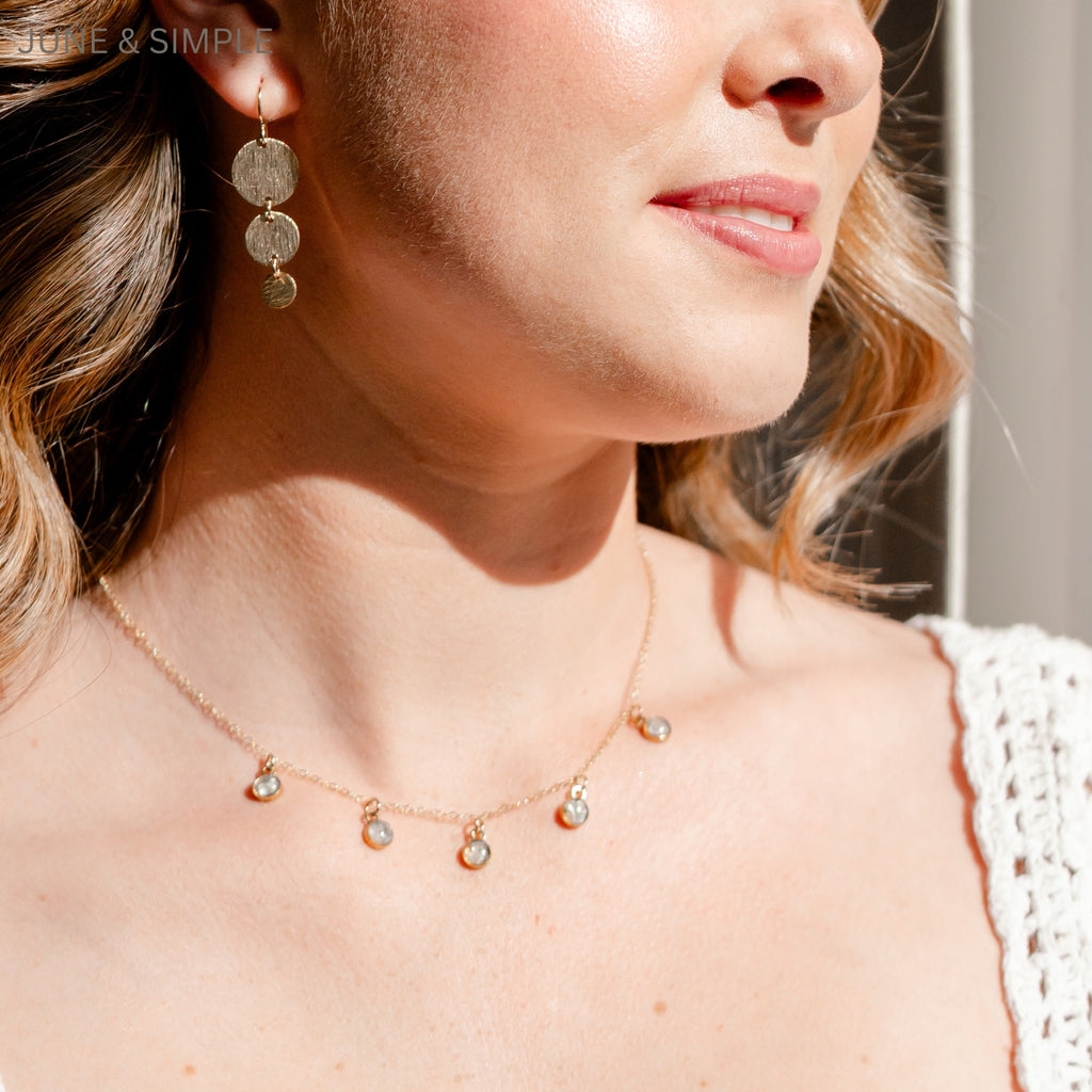 June & Simple Five Mini Gems Mother of Pearl Necklace — close-up of pendant detail