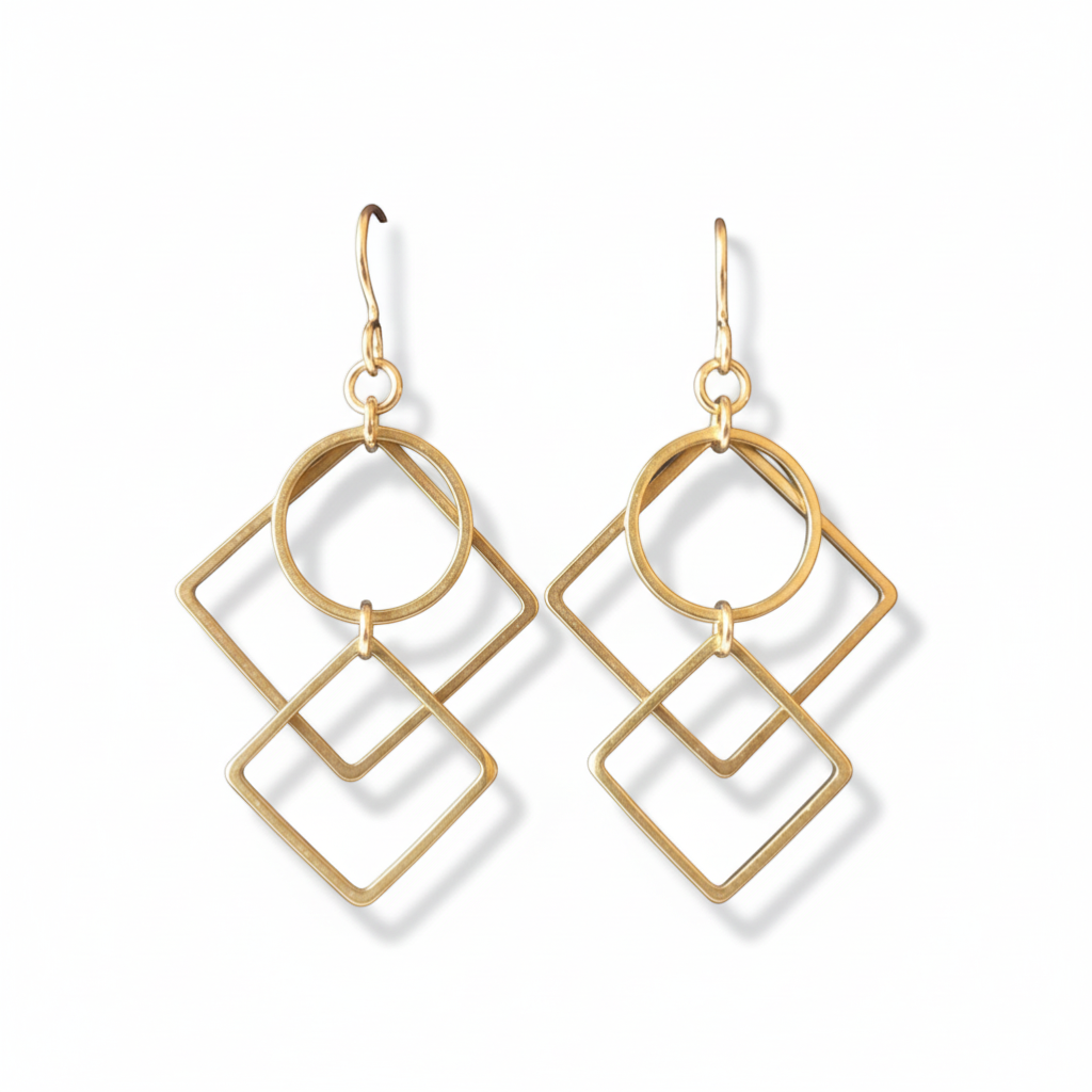 June And Simple gold-filled wire earrings with brass geometric squares and circles. Modern dangle earrings.