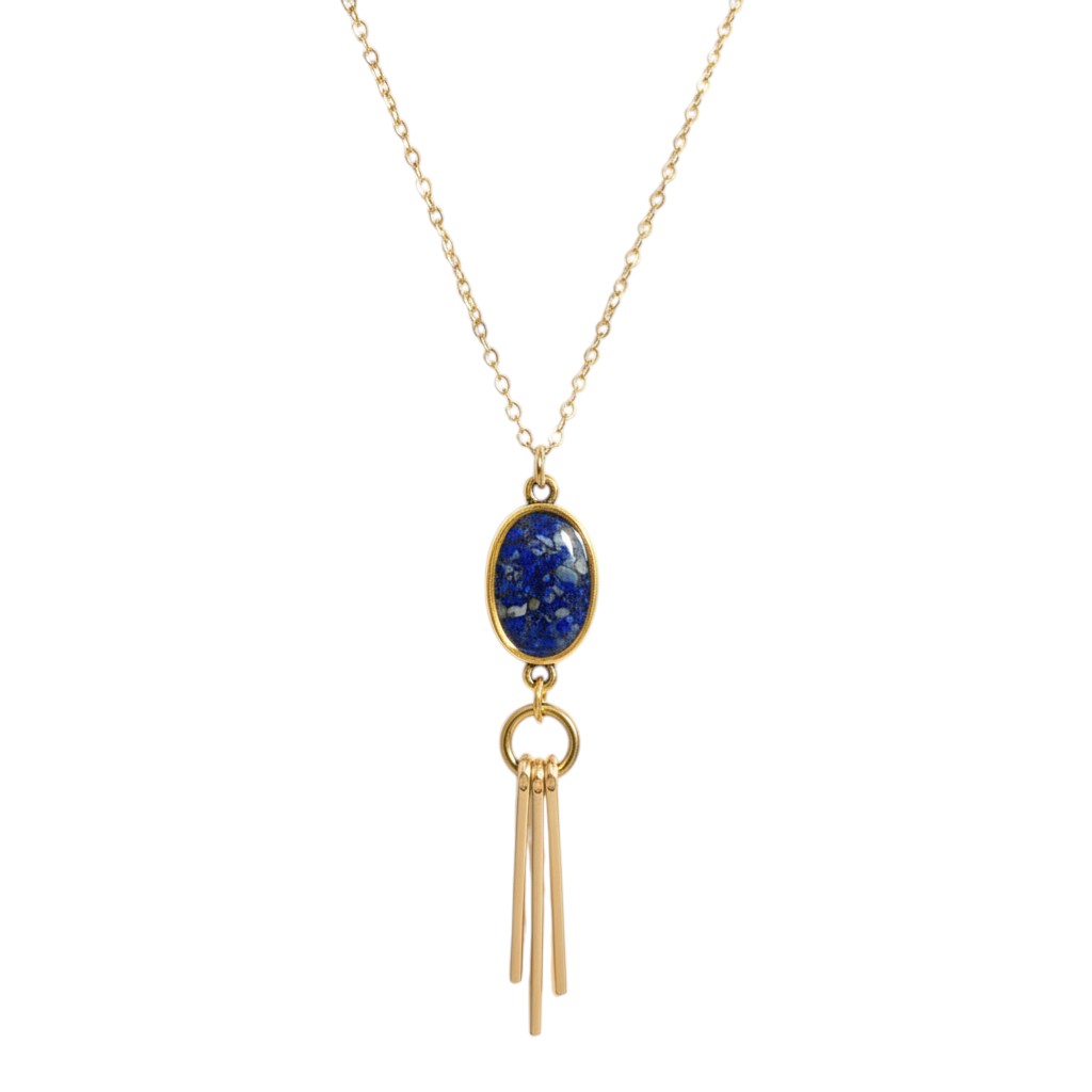 June And Simple Lapis Lazuli Ray Necklace with gold filled chain and pendant featuring crushed blue gemstone set in resin.