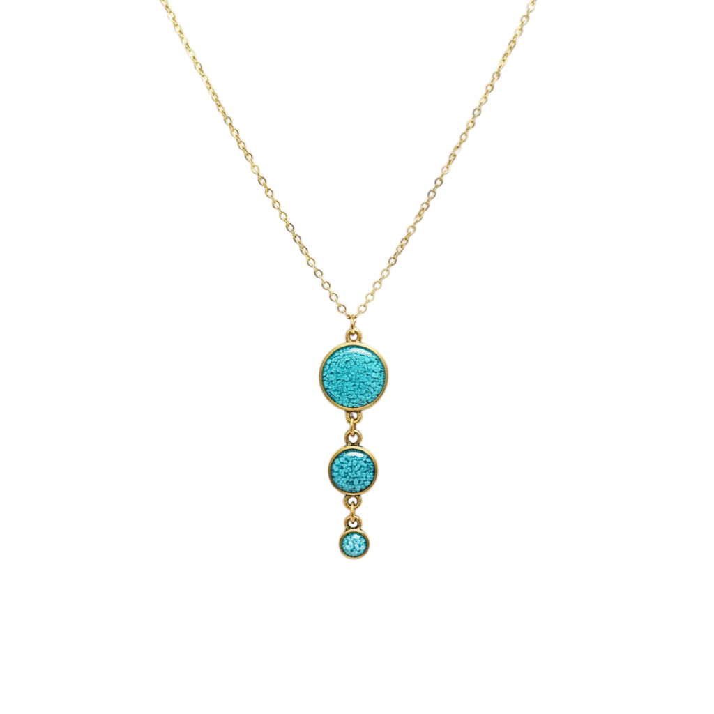 June And Simple gold filled chain necklace with three graduated crushed turquoise circle drops, pendant is 2" long.