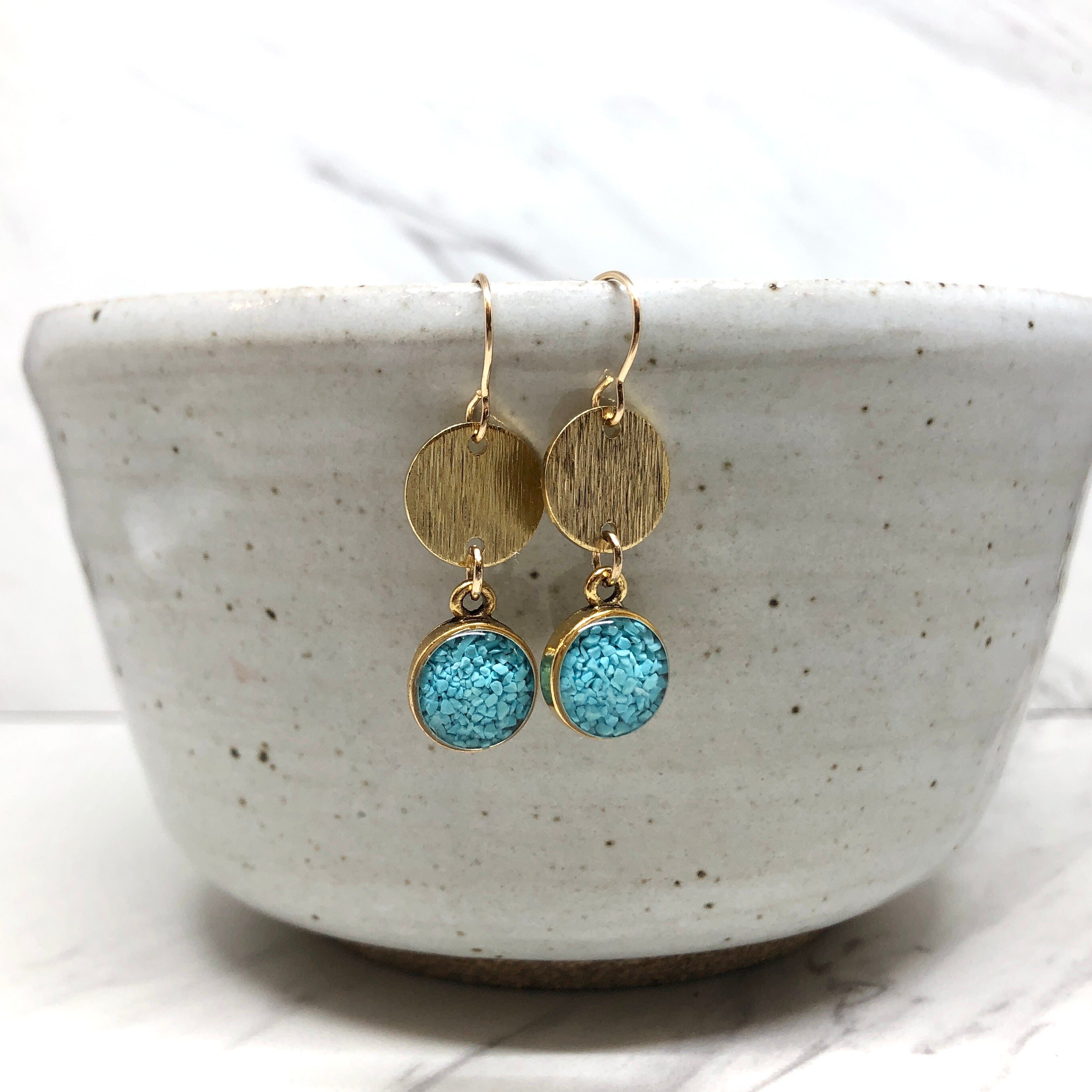 June & Simple Kaylee Turquoise Earrings — styled on a model
