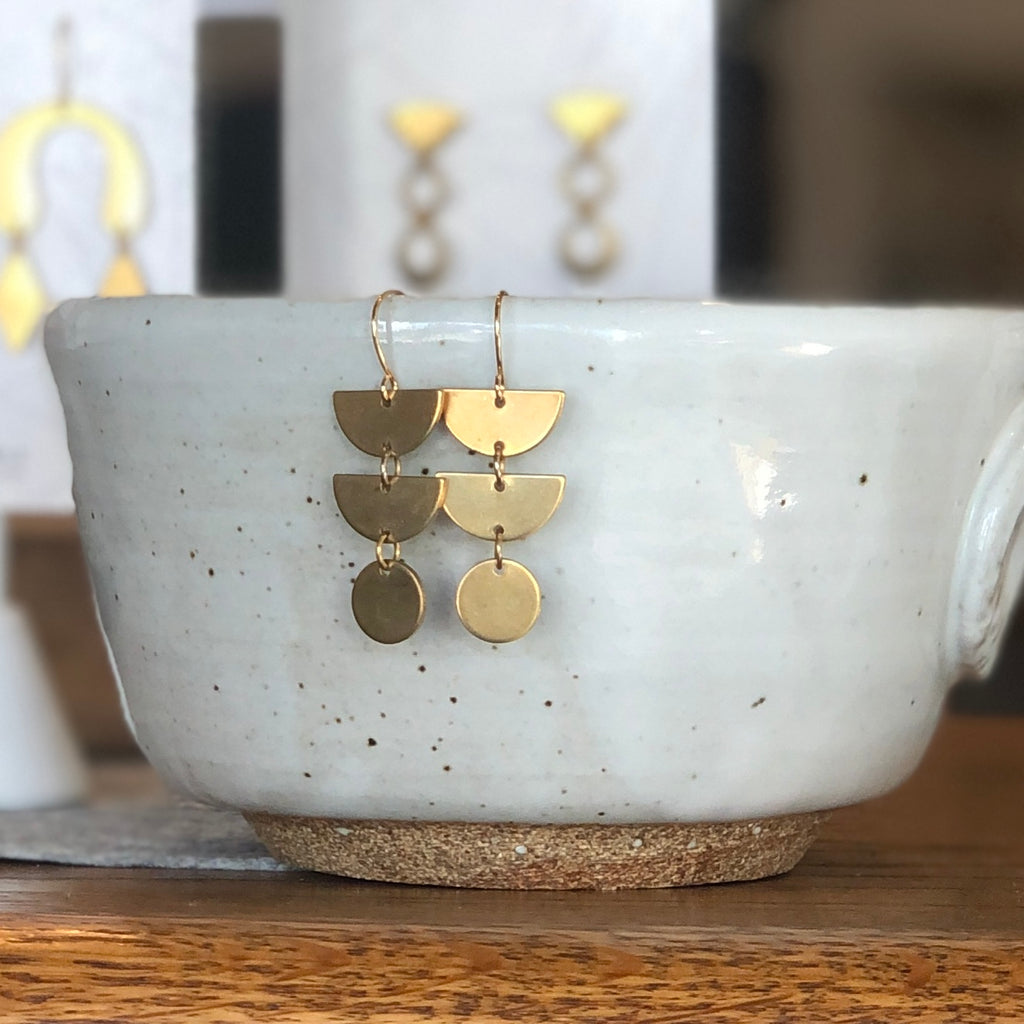 June & Simple Amanda Earrings — handmade modern gold dangle earrings, front view