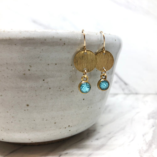 June & Simple Brooke Earrings in Turquoise — crushed natural turquoise drops in gold filled setting