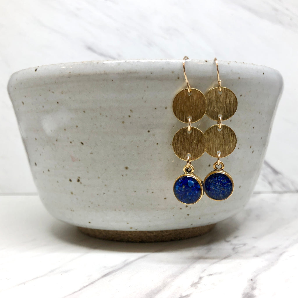June & Simple Long Circles Lapis Earrings — deep blue lapis lazuli circle drops on gold filled chain