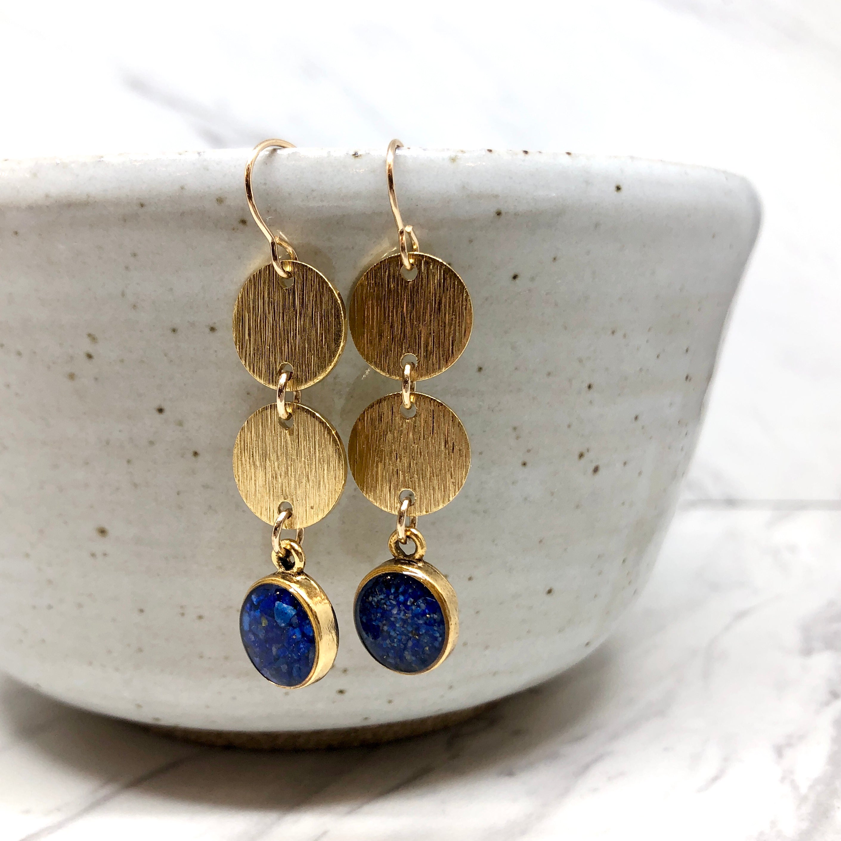 June & Simple Long Circles Lapis Earrings — styled on a model