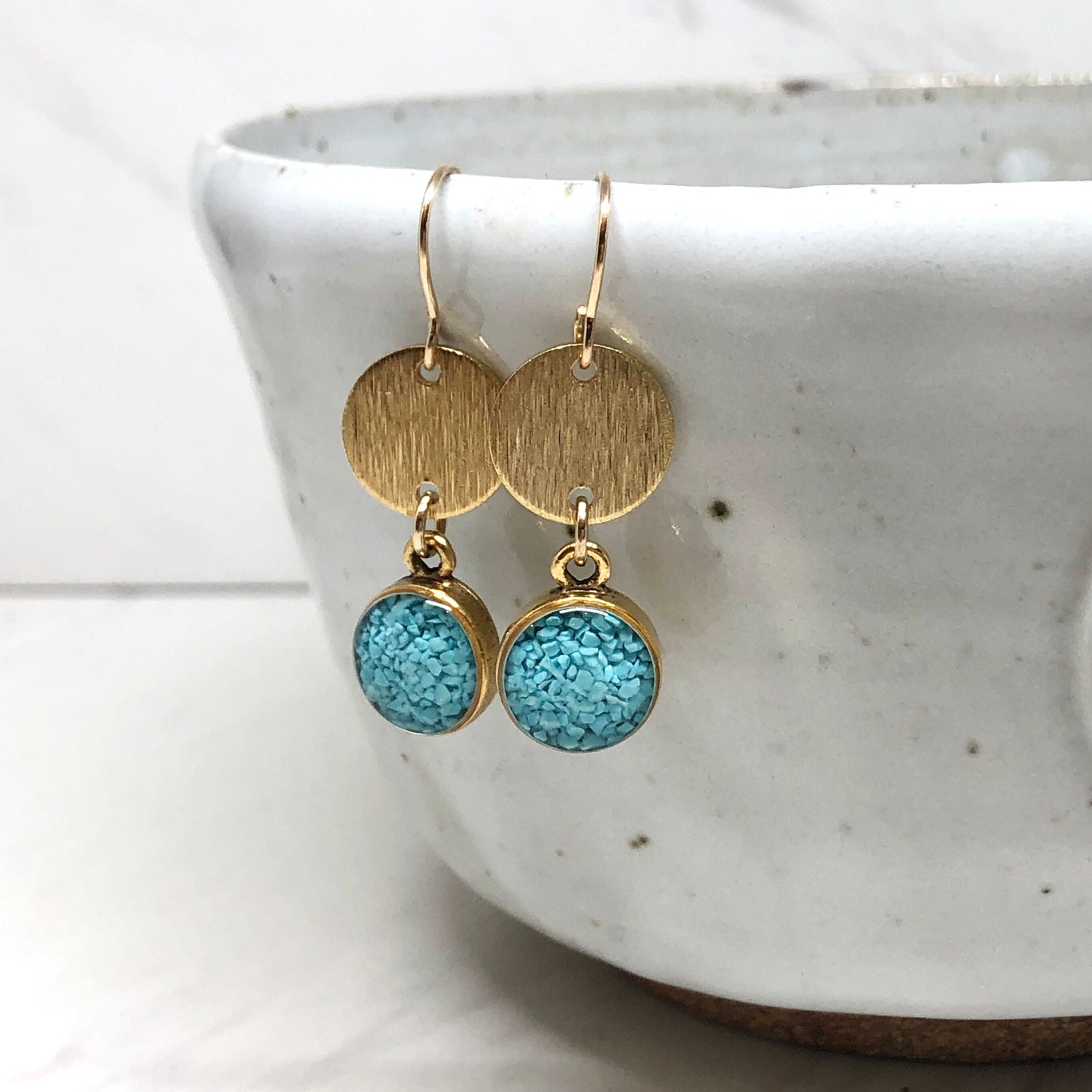 June & Simple Kaylee Earrings in Turquoise — crushed natural turquoise drops in gold filled setting