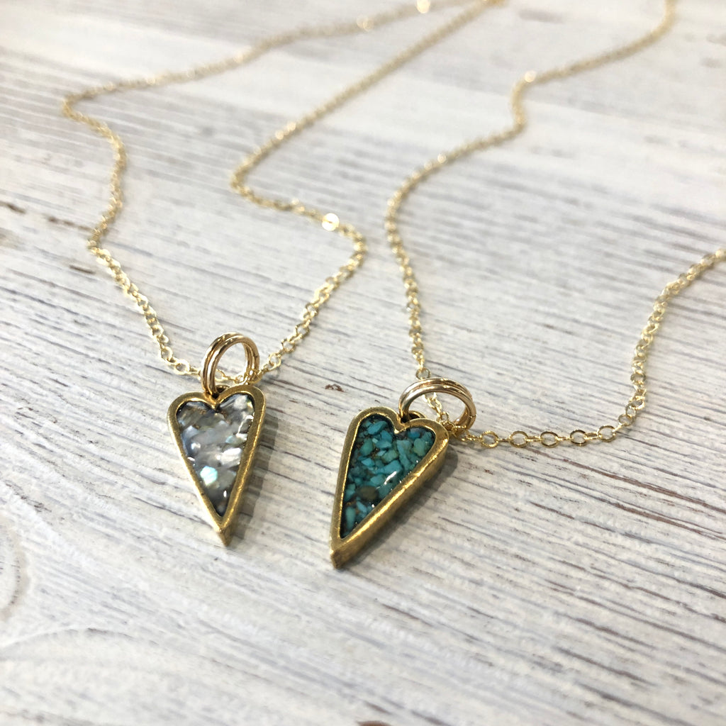 June & Simple Heart Necklace — side view of natural gemstone heart pendant on gold filled chain