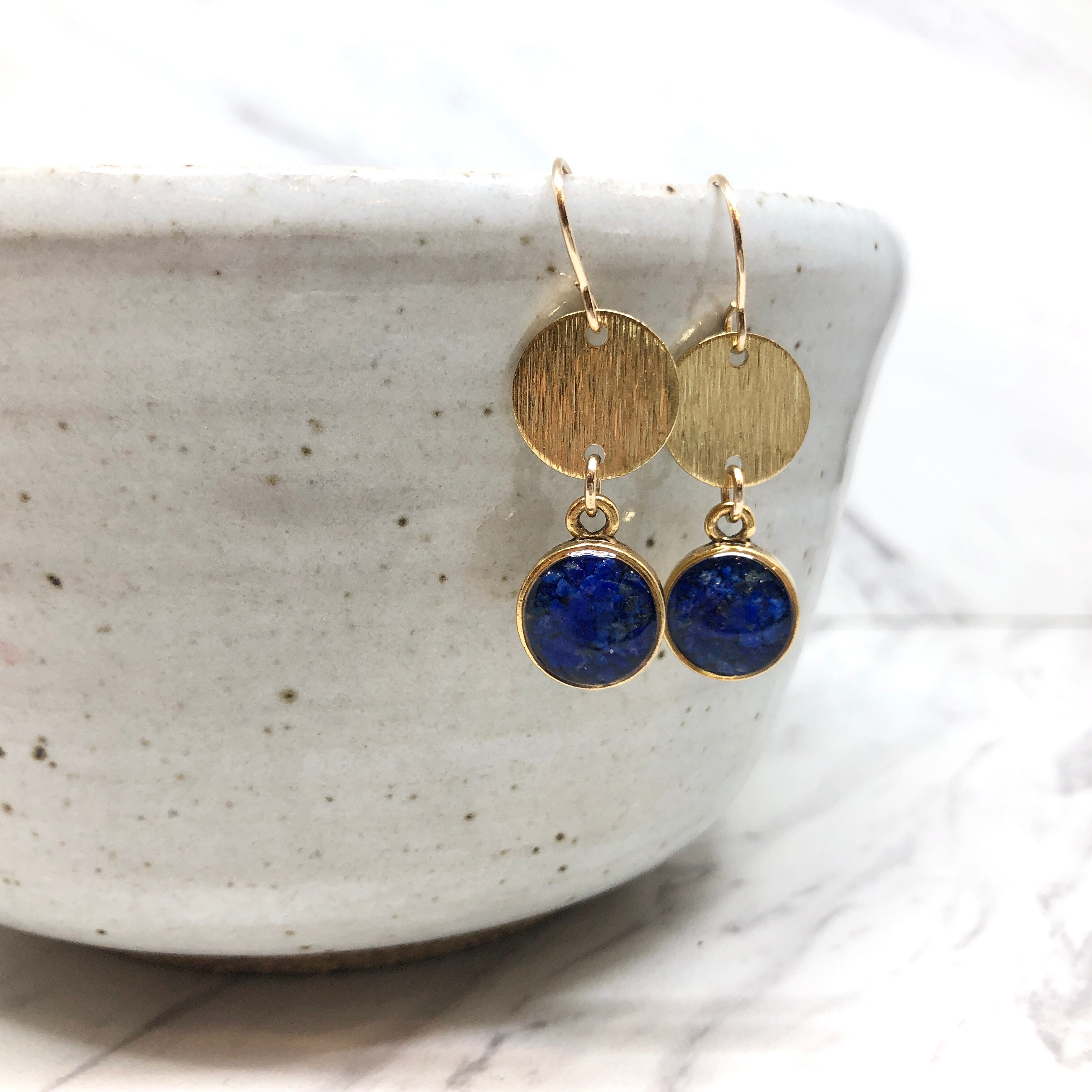 June & Simple Kaylee Lapis Earrings — styled on a model