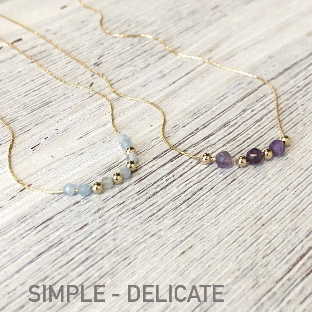 June & Simple Gems and Gold Delicate Necklace — mixed natural gemstone charms on gold filled chain, handmade