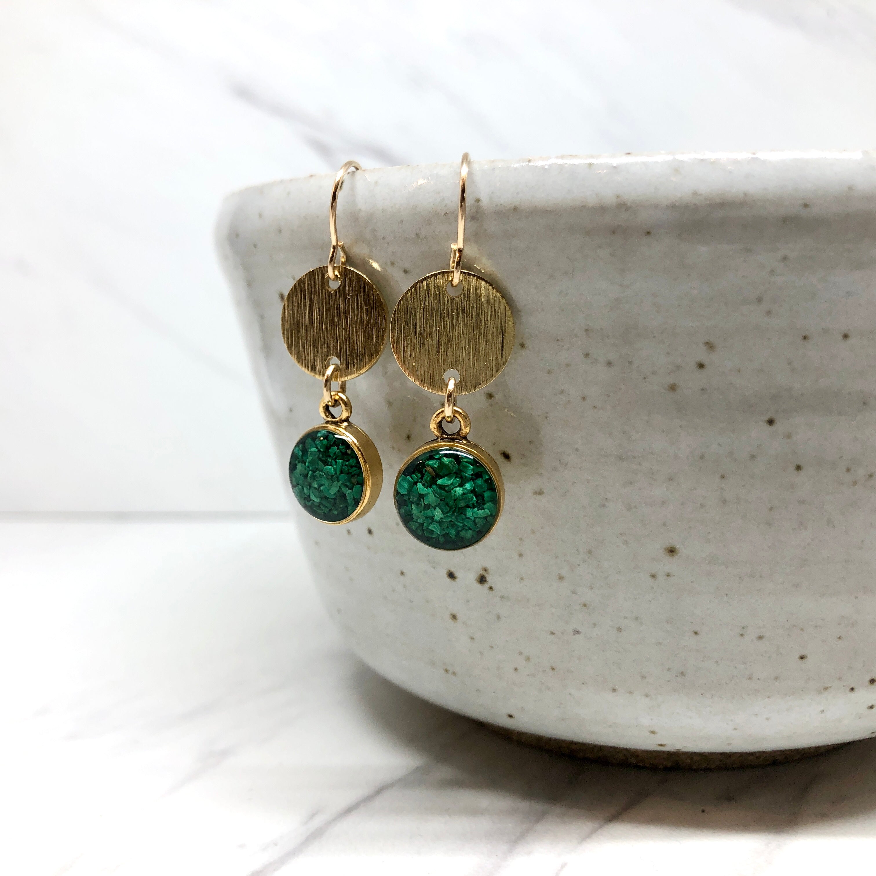 June & Simple Kaylee Earrings in Chrysocolla — crushed teal chrysocolla drops in gold filled setting