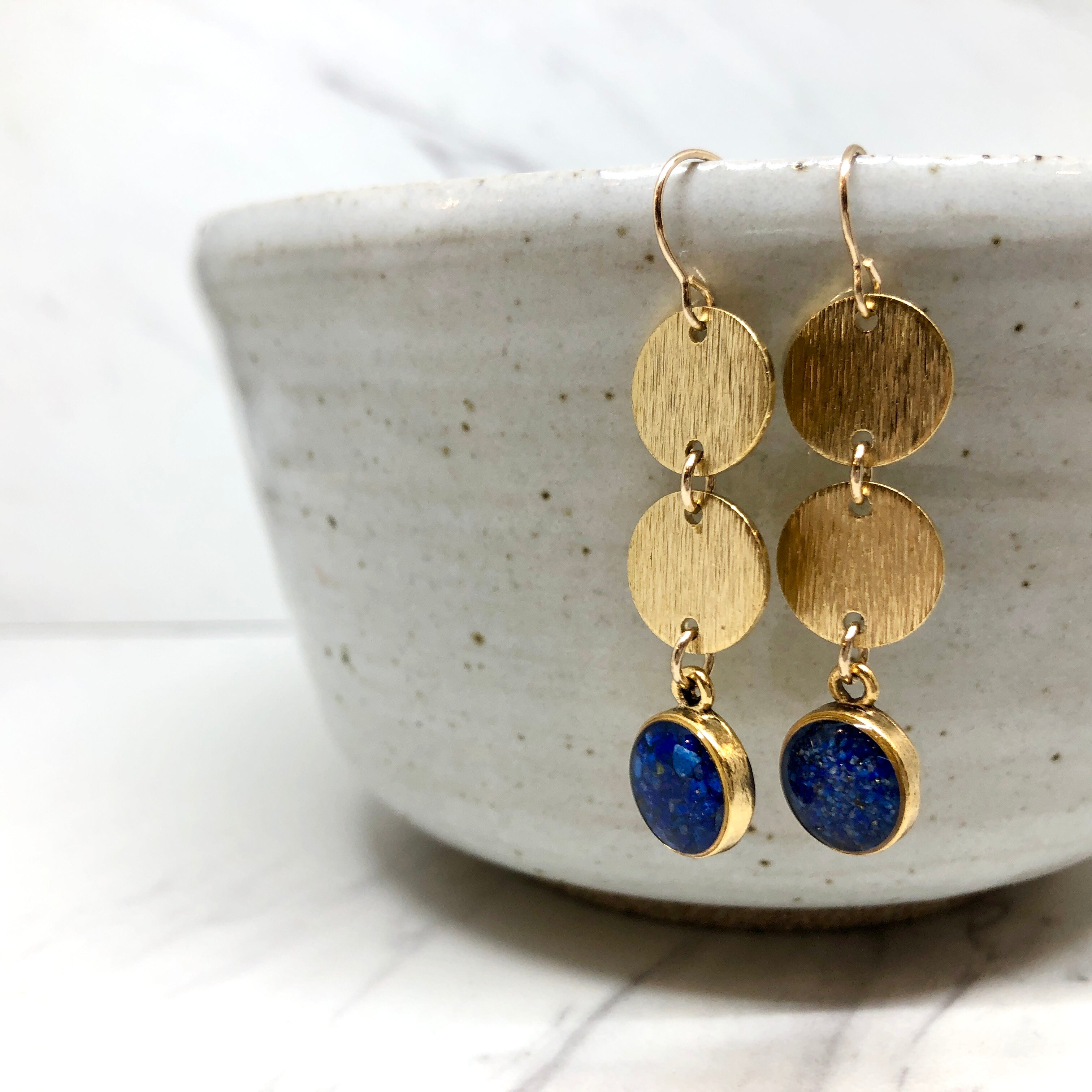 June & Simple Long Circles Lapis Earrings — close-up of lapis stone detail