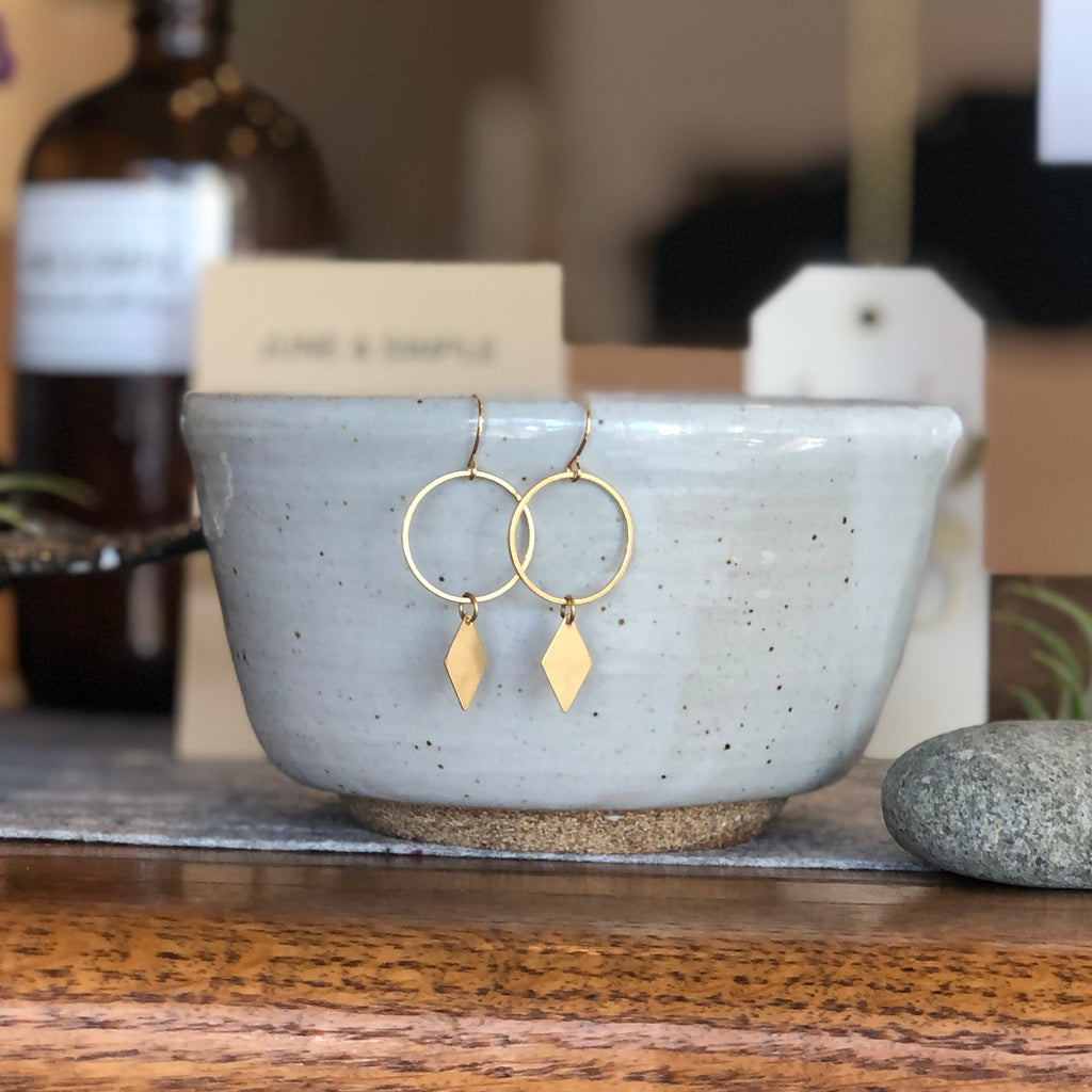 June & Simple Rain Drop Earrings on branded display card
