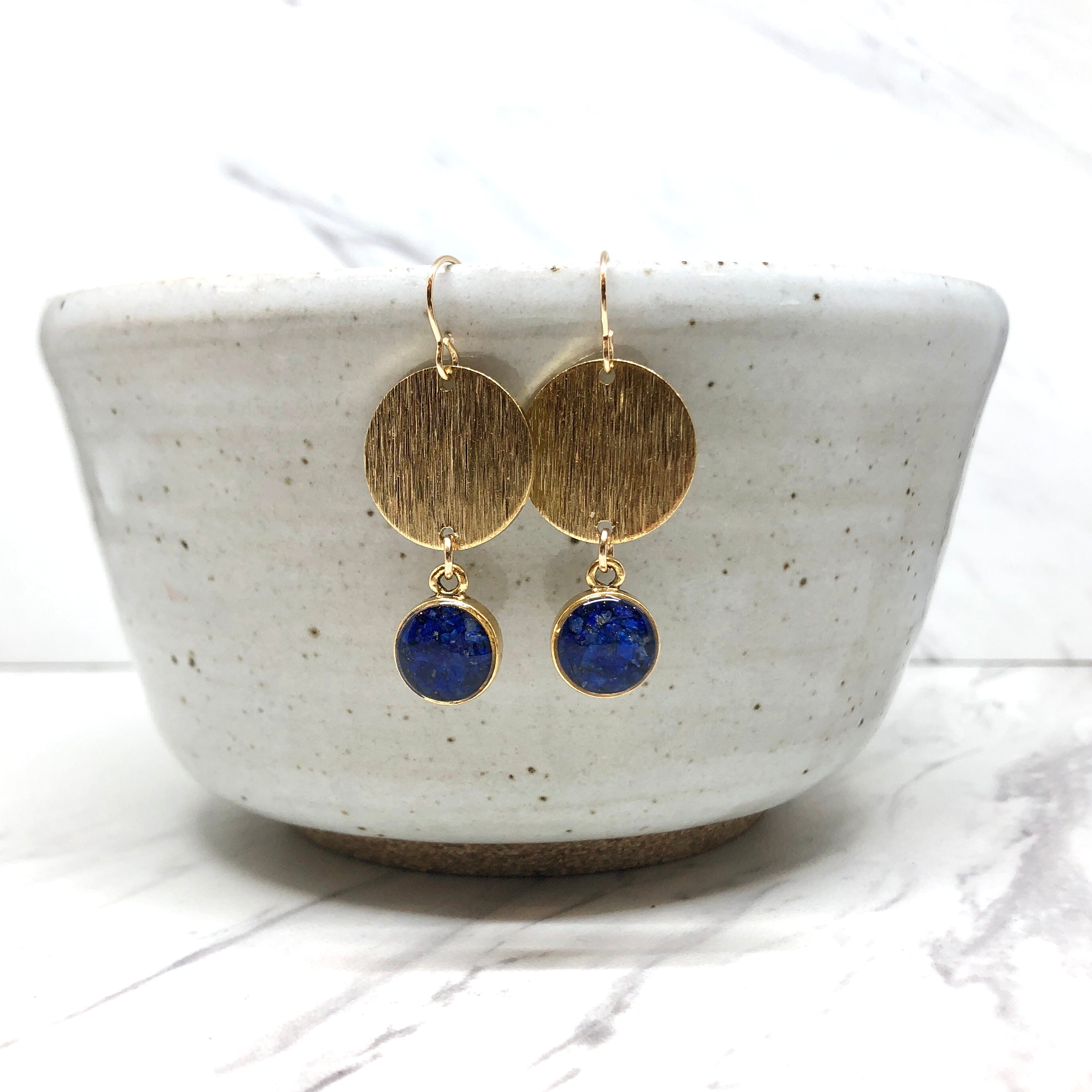 June & Simple Kaylee Earrings in Lapis — deep blue lapis lazuli drops in gold filled setting