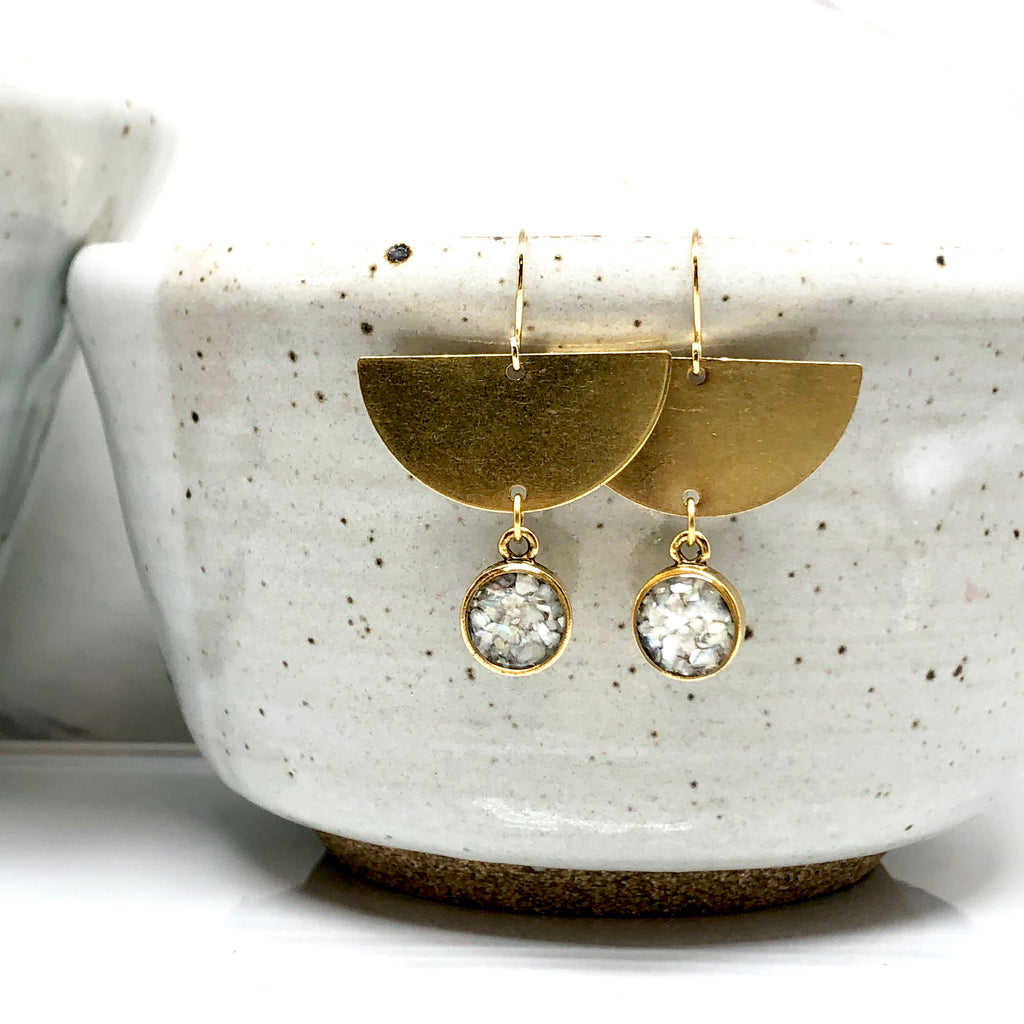 June & Simple Half Moon Bay Mother of Pearl Earrings - close up detail