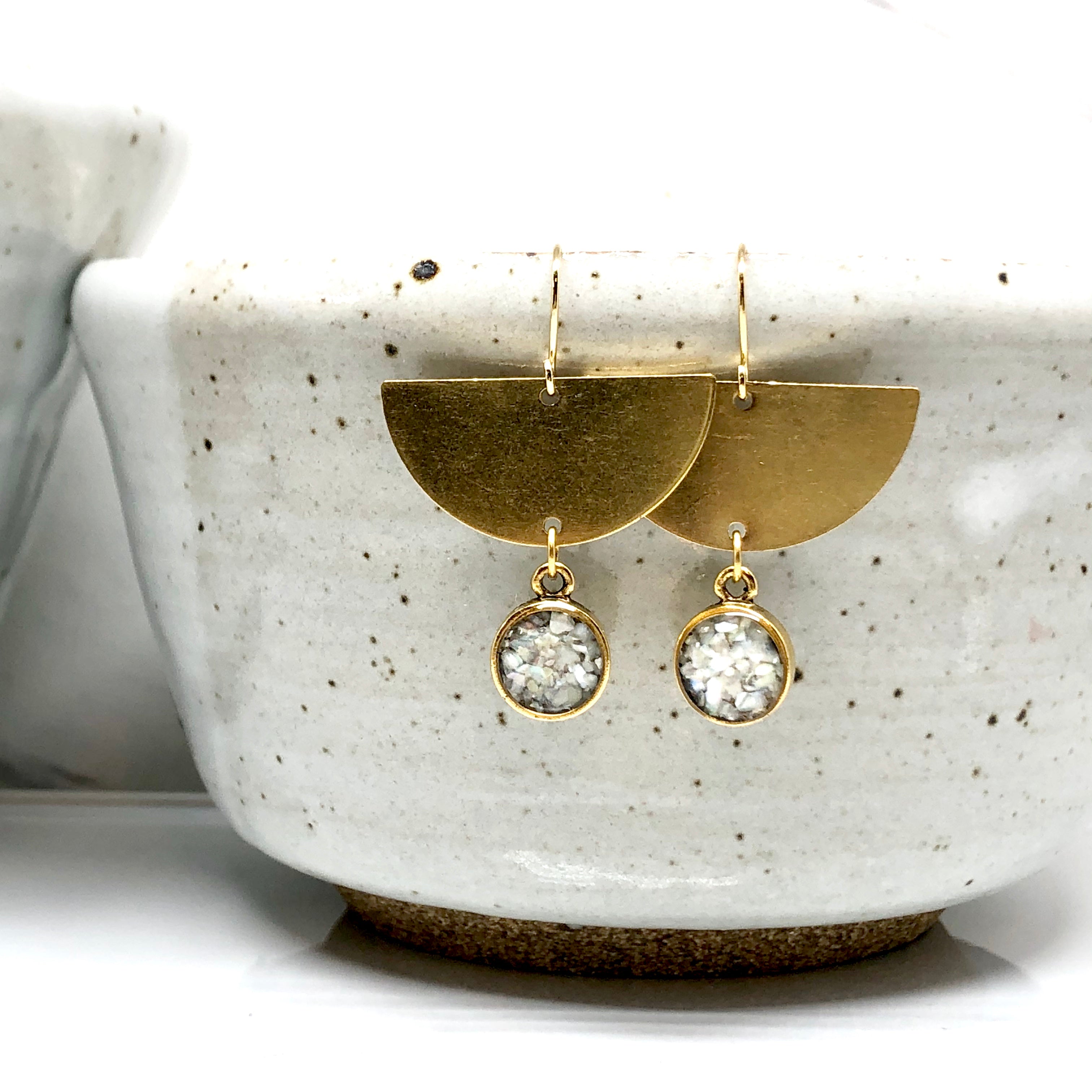 June & Simple Half Moon Bay Mother of Pearl Earrings - close up detail