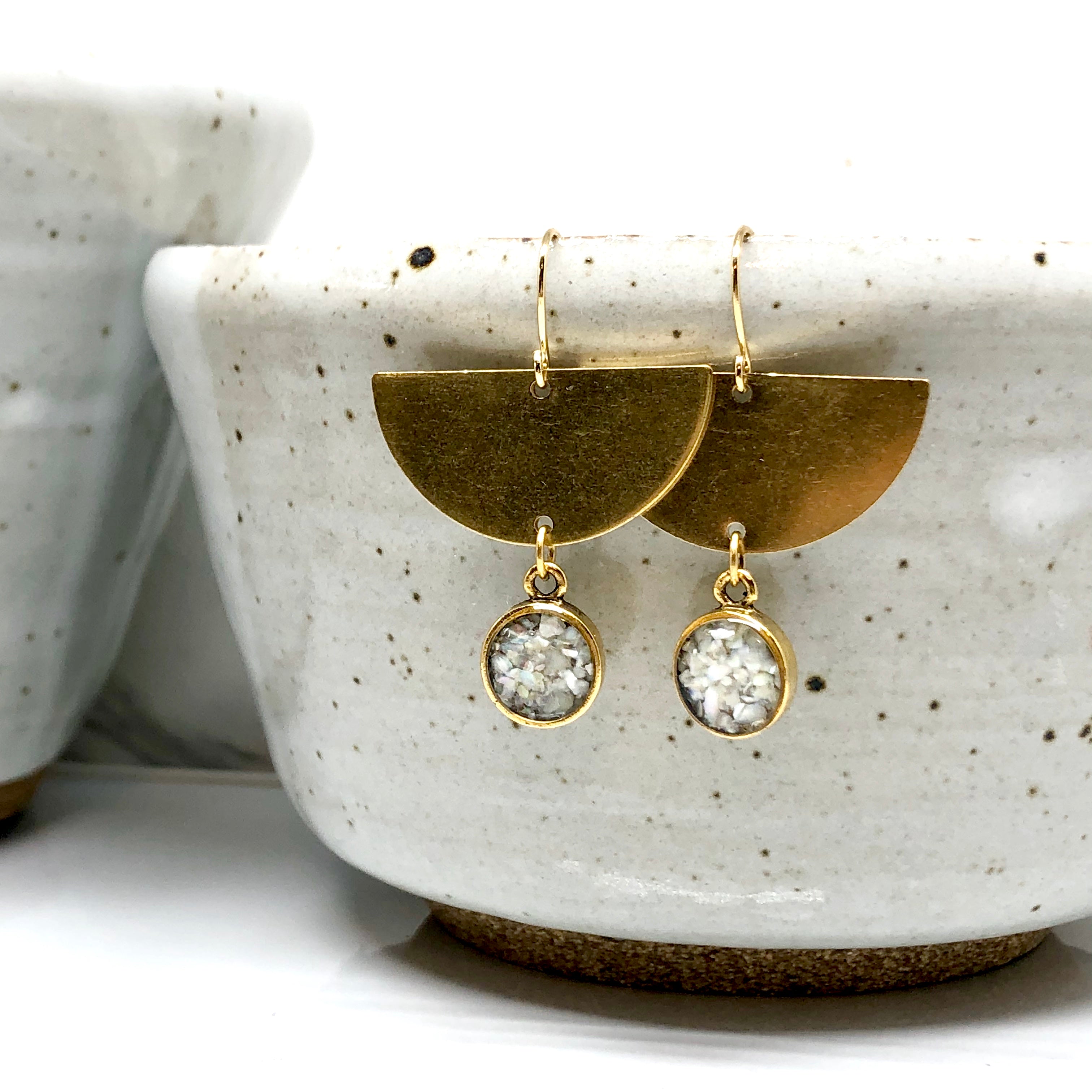 June & Simple Half Moon Bay Mother of Pearl Earrings - iridescent shell in gold filled half moon setting