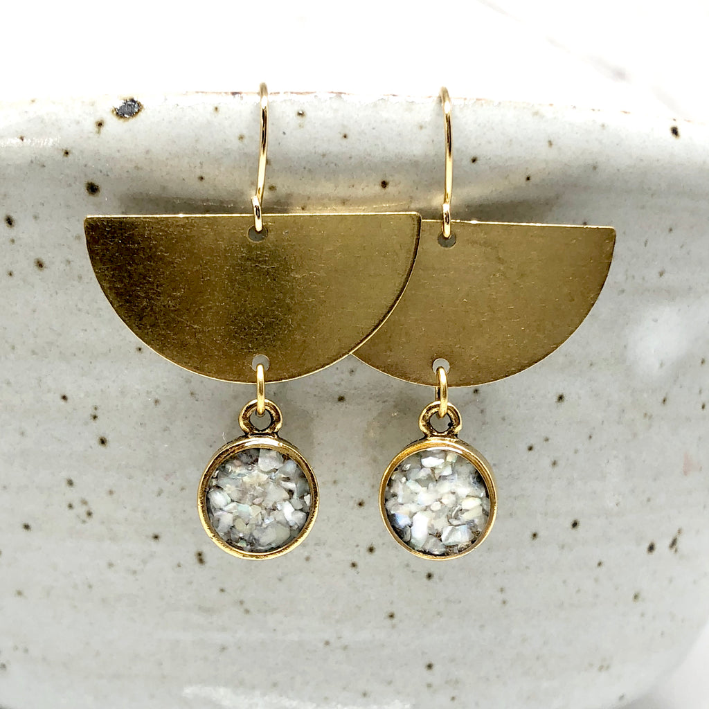 June & Simple Half Moon Bay Mother of Pearl Earrings - styled on a model