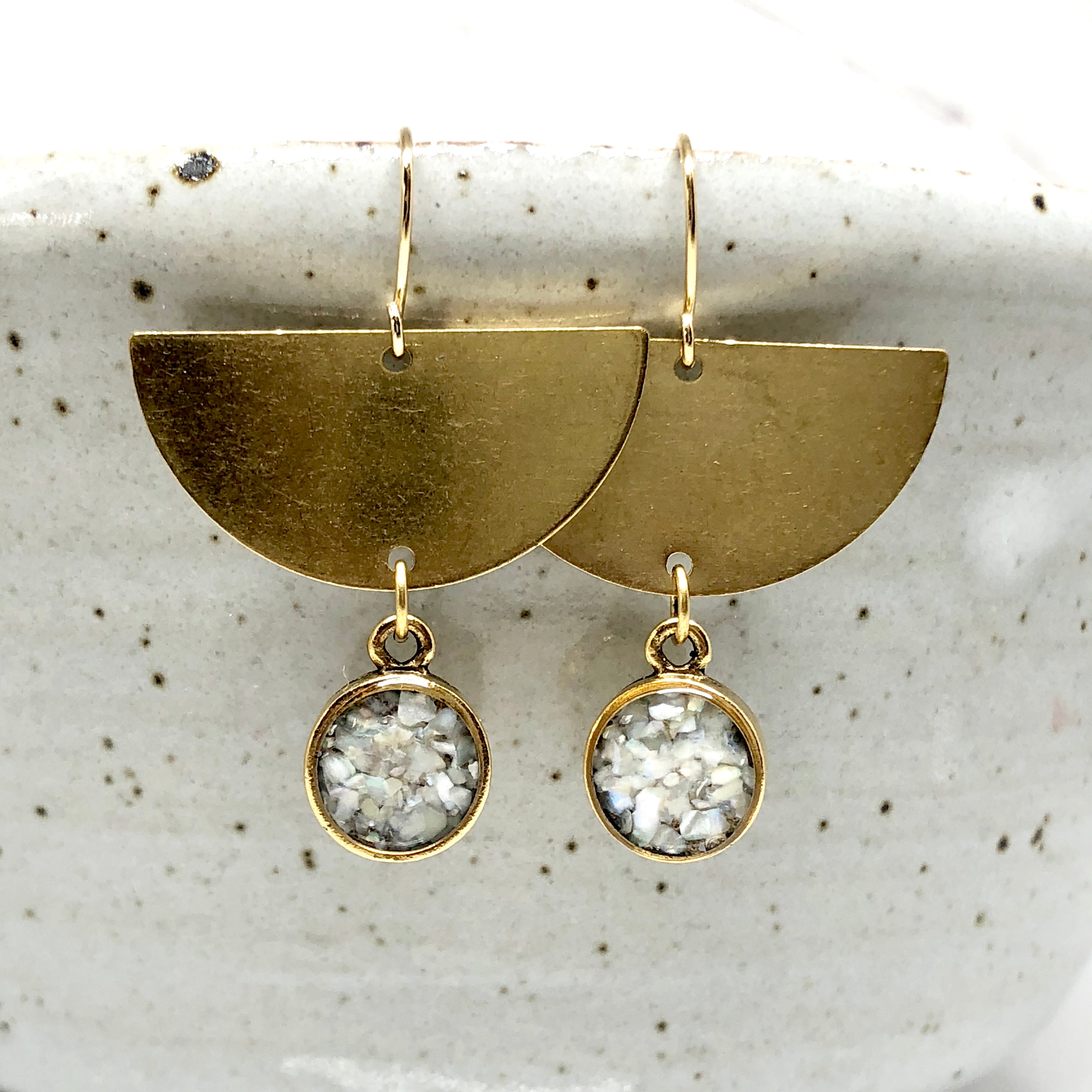 June & Simple Half Moon Bay Mother of Pearl Earrings - styled on a model