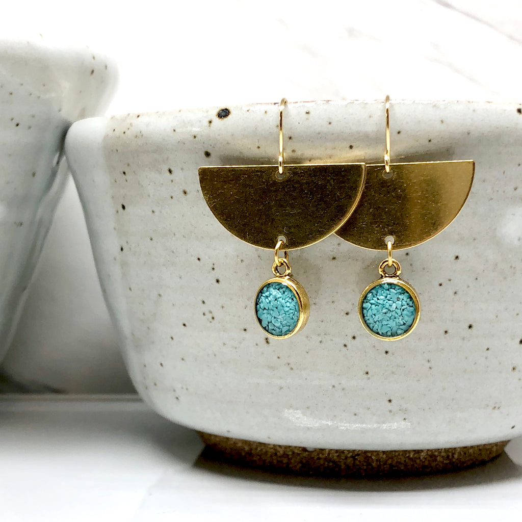 June & Simple Half Moon Bay Turquoise Earrings - crushed turquoise in gold filled half moon setting