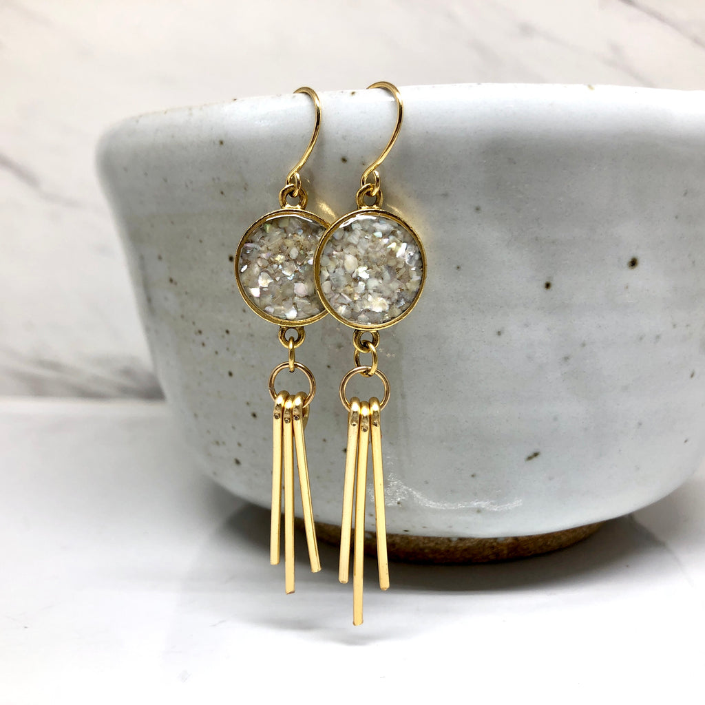 June & Simple Mother of Pearl Ray Earrings — close-up of iridescent shell detail