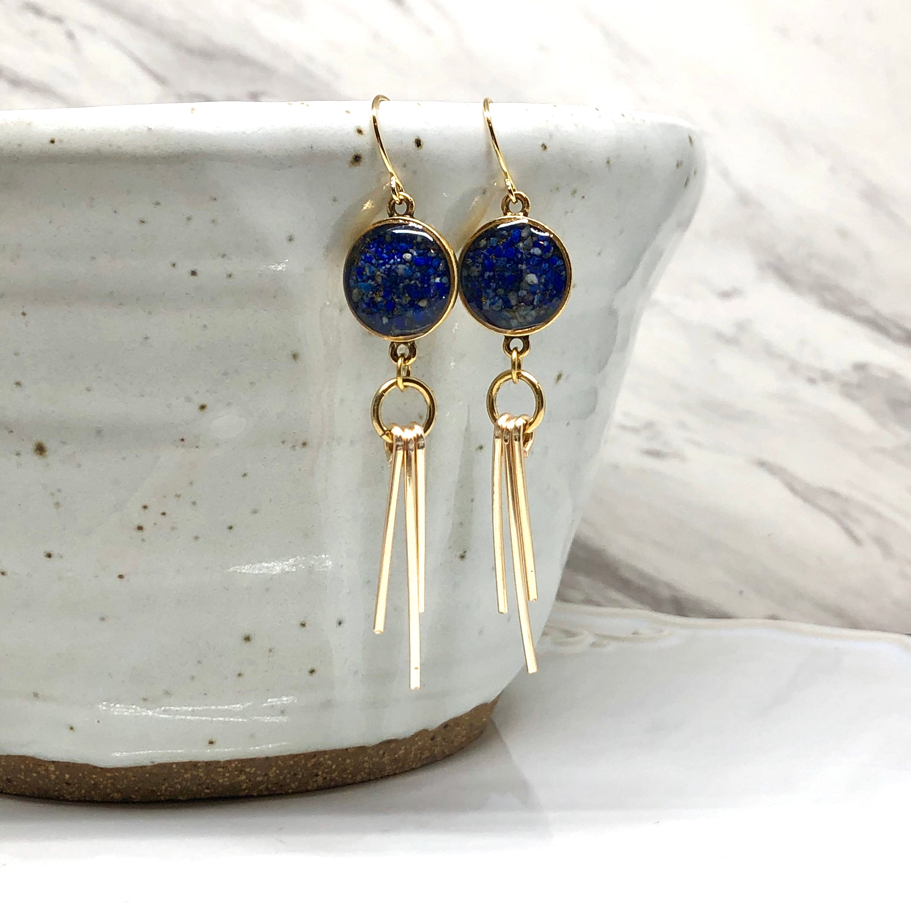 June & Simple Lapis Lazuli Ray Earrings - deep blue gemstone in gold filled ray setting