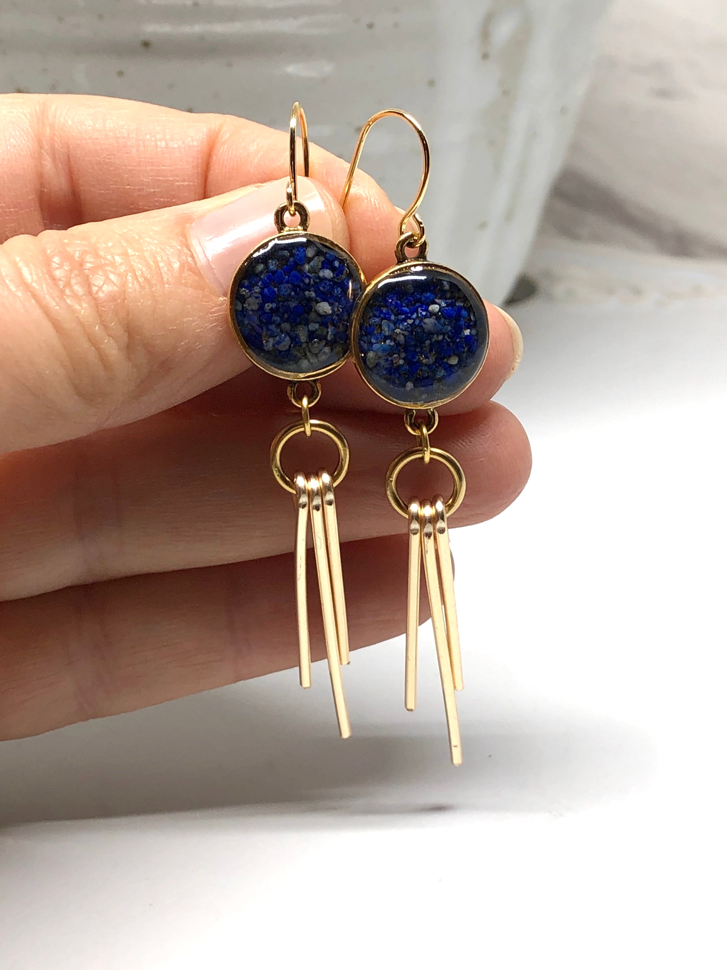 June & Simple Lapis Lazuli Ray Earrings - styled on a model