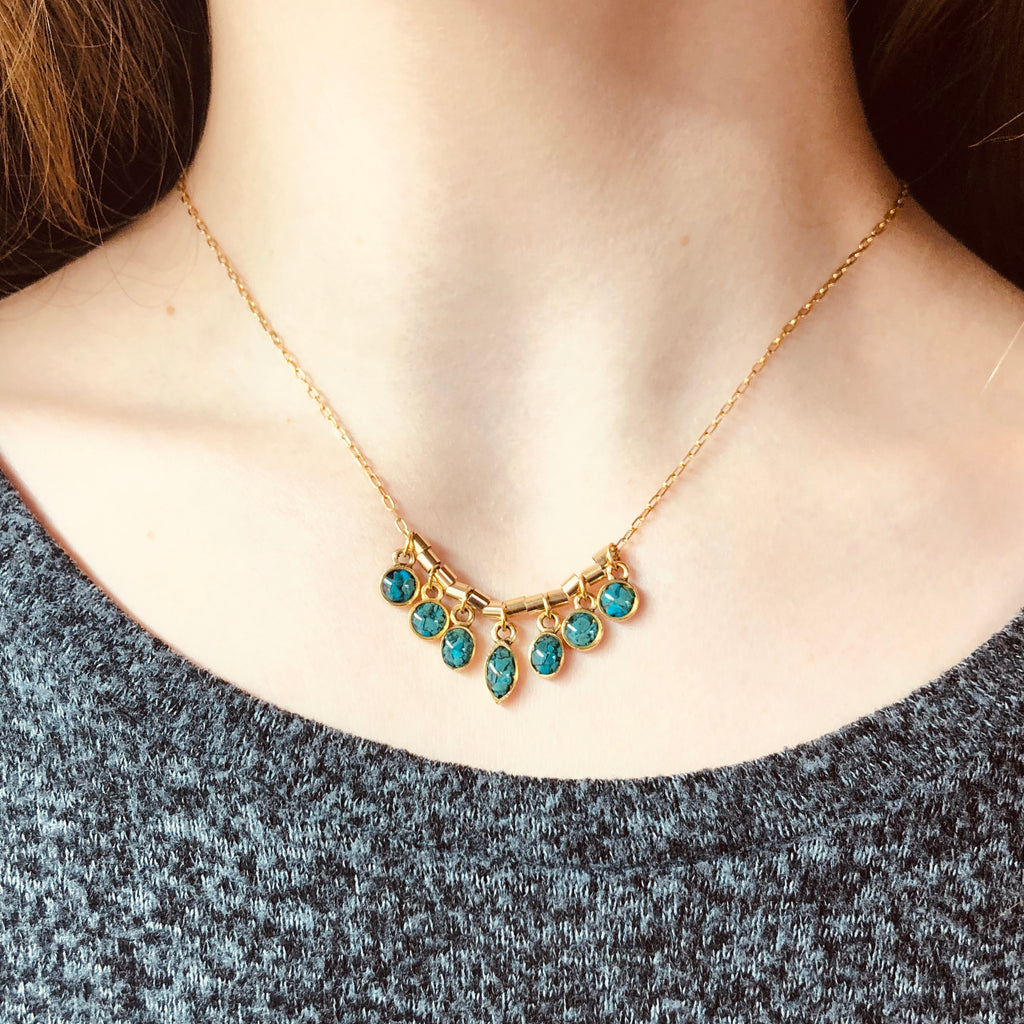 June & Simple Chrysocolla 7 stones necklace - styled on a model