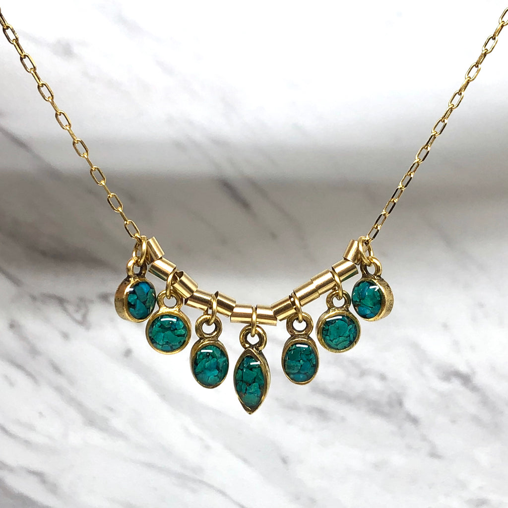 June & Simple Chrysocolla 7 mini stones necklace - teal gemstone charms on gold filled chain