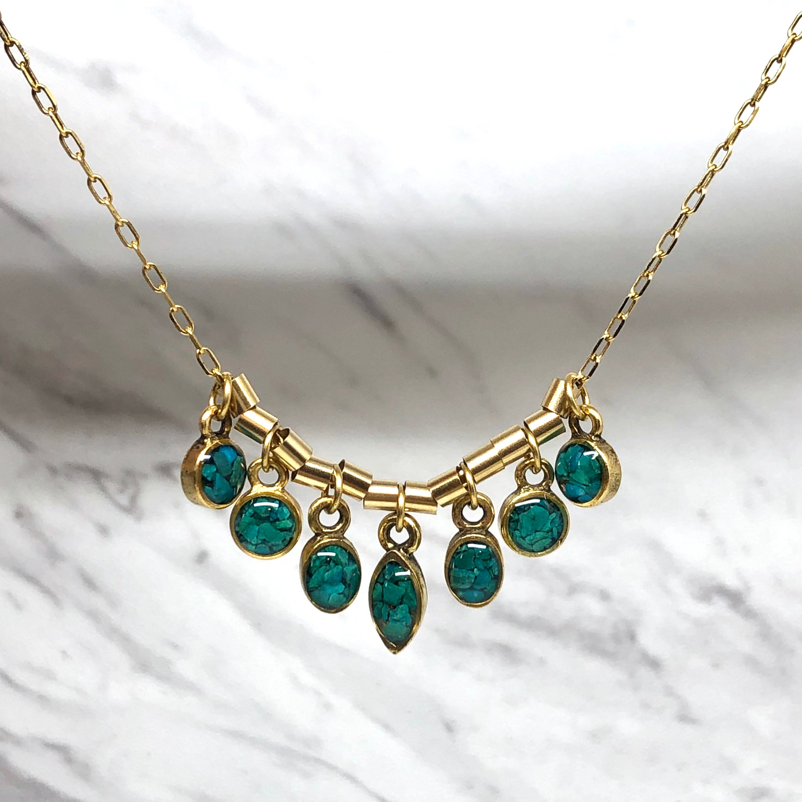 June & Simple Chrysocolla 7 mini stones necklace - teal gemstone charms on gold filled chain