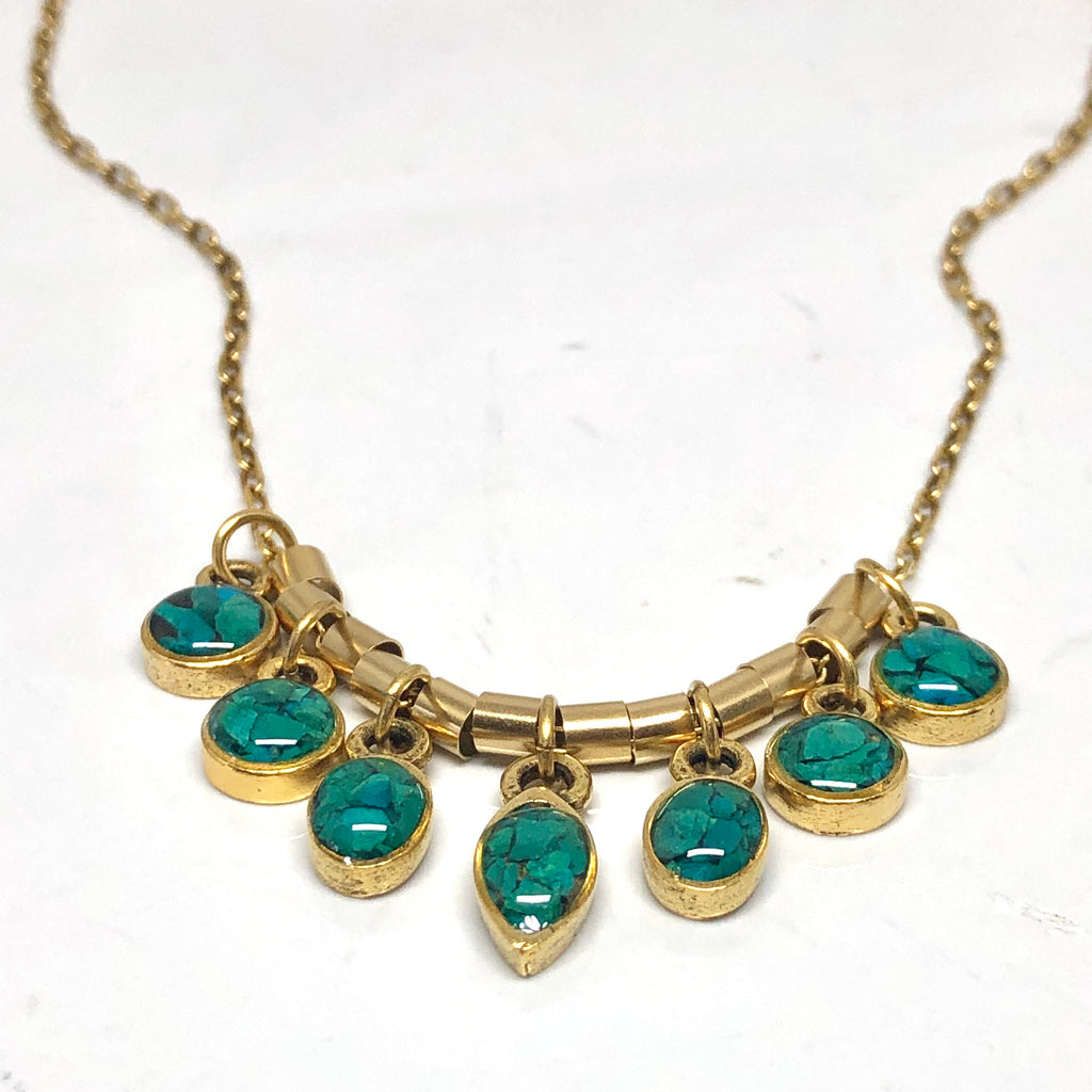 June & Simple Chrysocolla 7 stones necklace - close up of charms