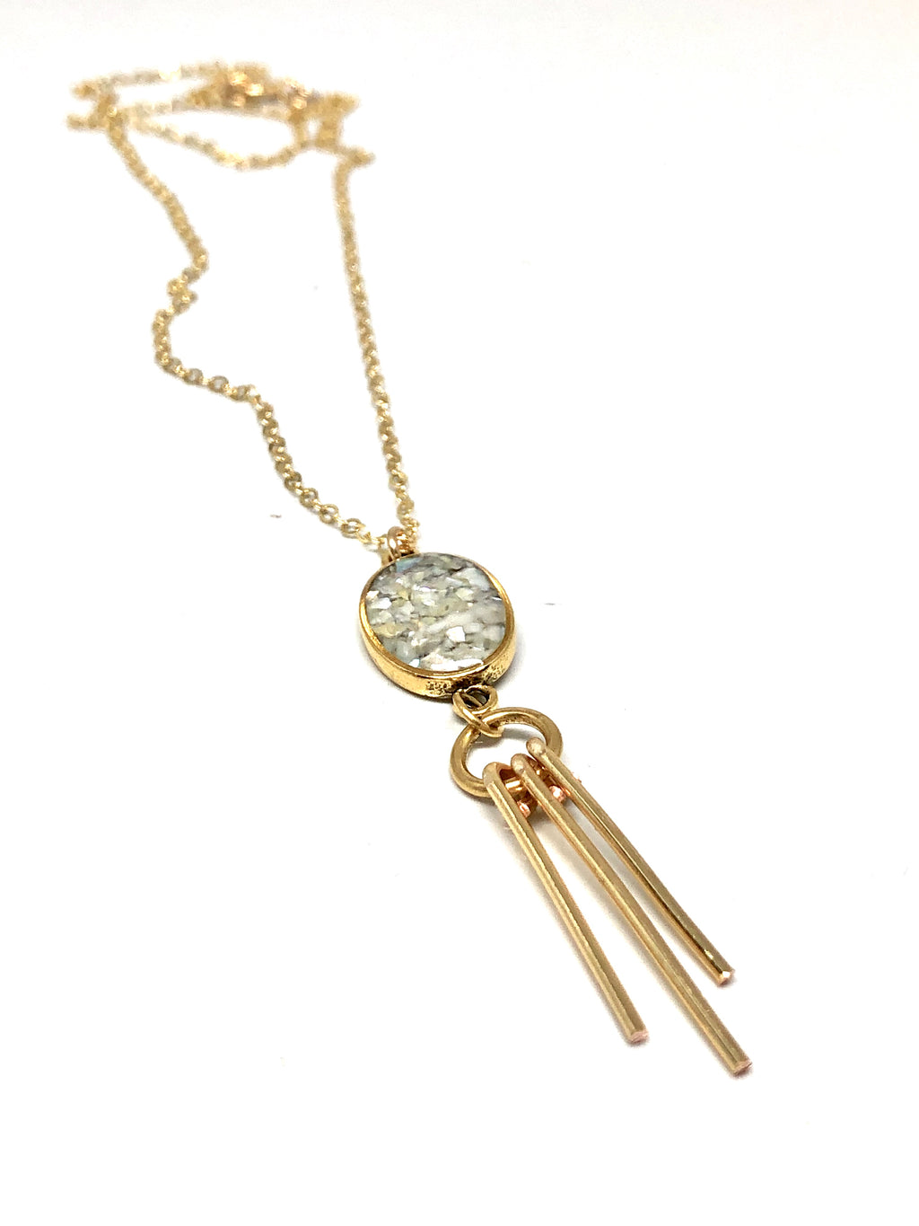 June & Simple Mother of Pearl Ray Necklace - iridescent pendant on gold filled chain