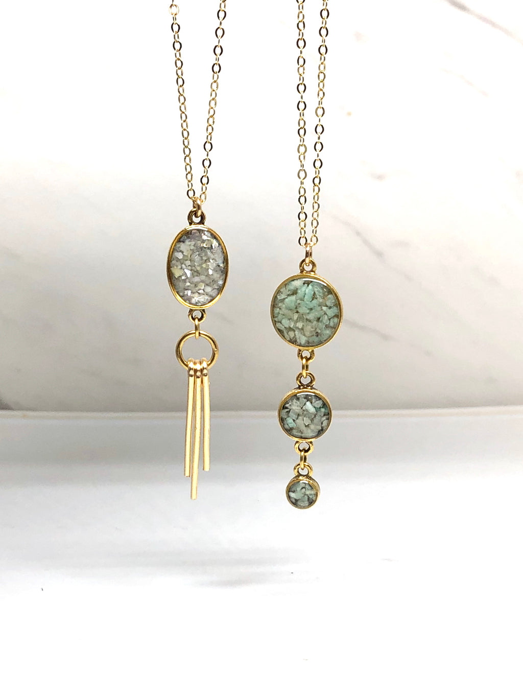 June & Simple Mother of Pearl Ray Necklace - styled on a model