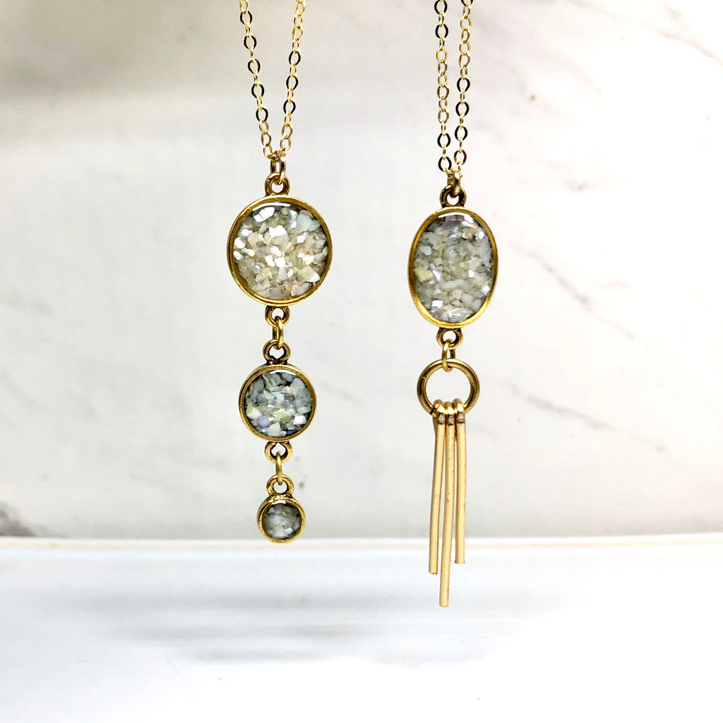 June & Simple Mother of Pearl Ray Necklace - close up of pendant