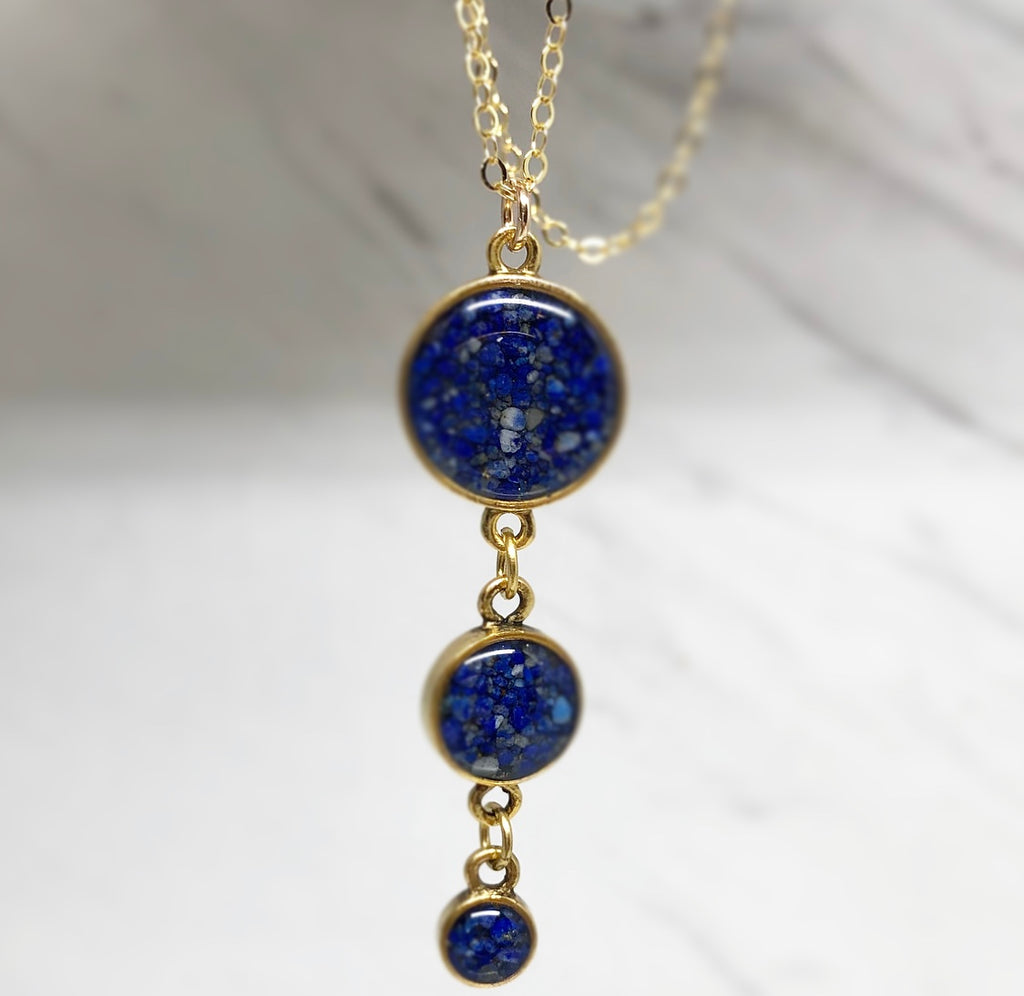 June & Simple Lapis Lazuli Drops Necklace - deep blue stone pendant on gold filled chain