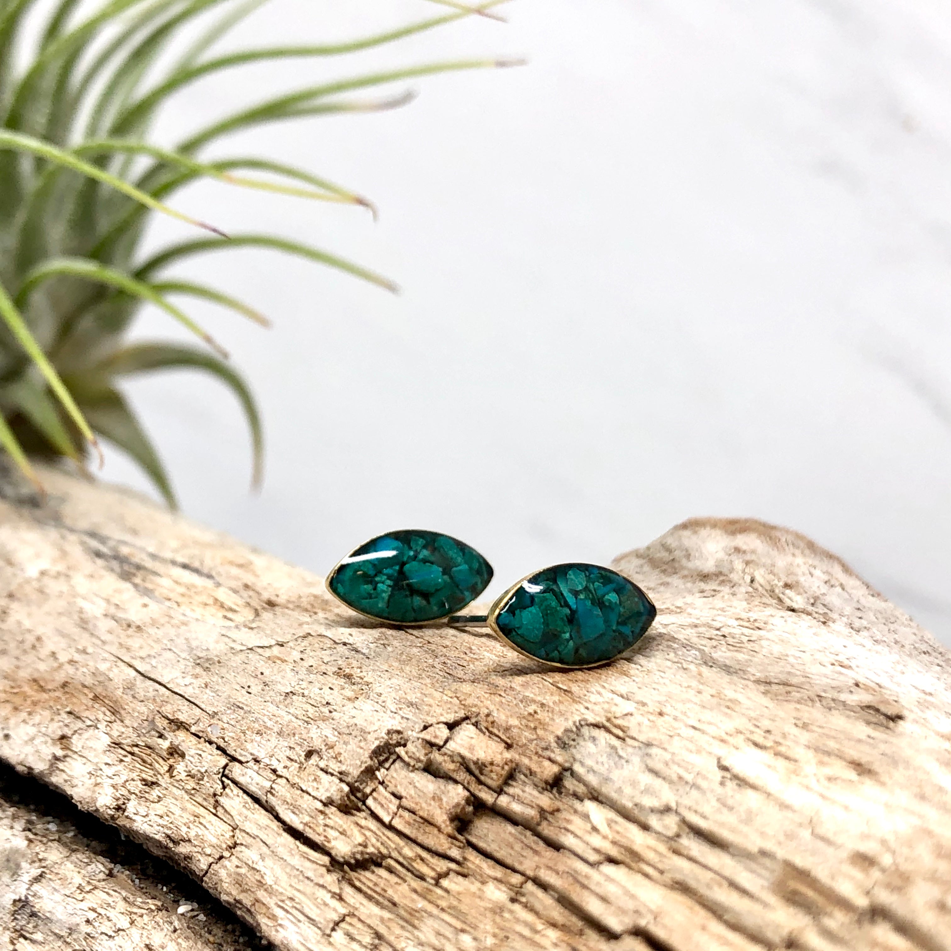 June & Simple Marquise Chrysocolla Studs - close up of stone detail